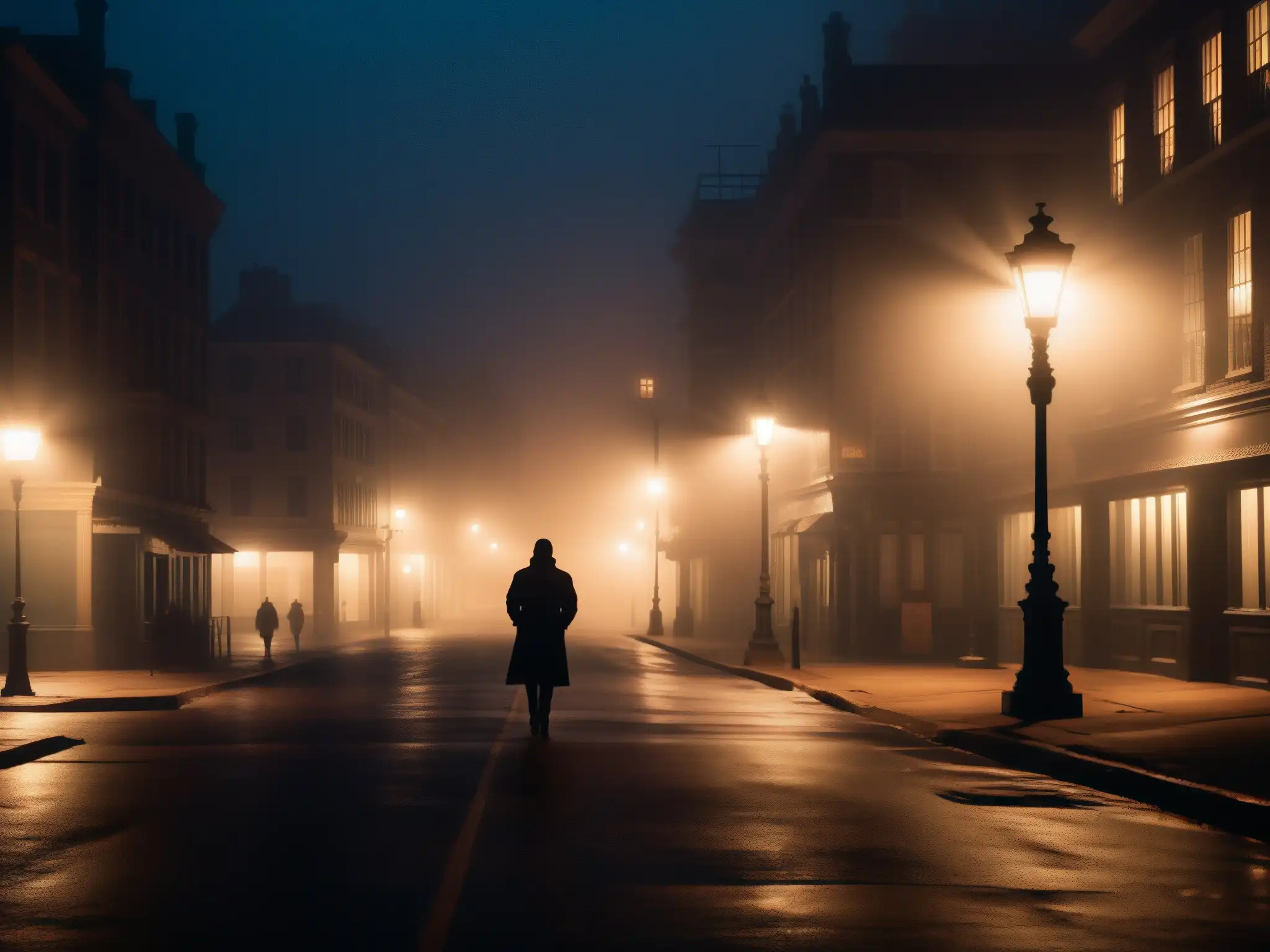 Una calle de la ciudad iluminada tenue, con densa niebla creando una atmósfera inquietante
