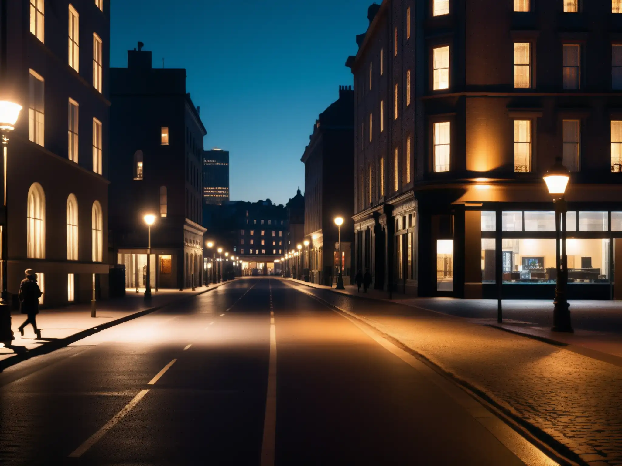 Una calle de la ciudad de noche con edificios iluminados y sombras largas en el pavimento, evocando implicaciones de leyendas urbanas en salud mental
