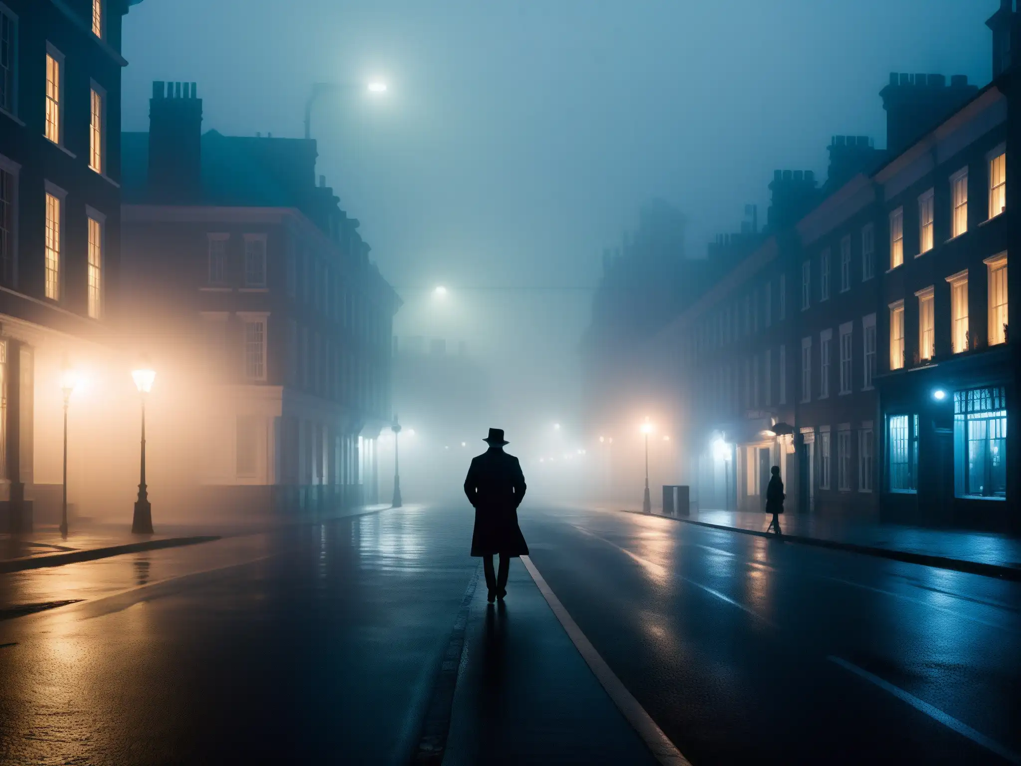 Una calle de la ciudad en la noche con niebla, evocando la evolución de las leyendas urbanas