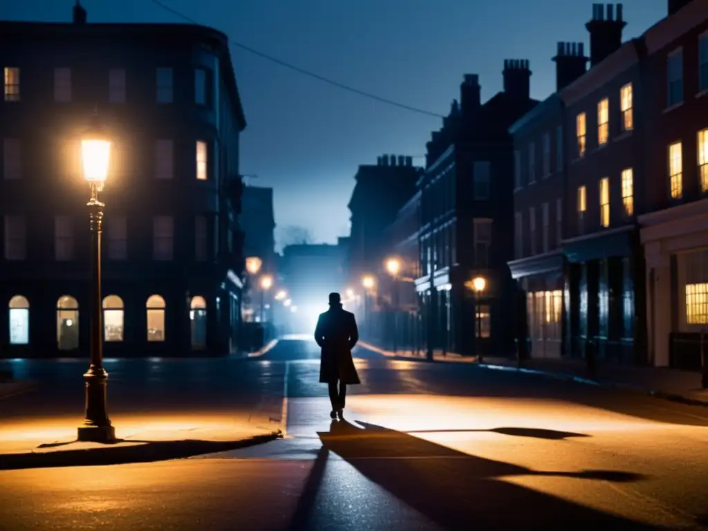 Una calle de ciudad oscura y misteriosa por la noche, con luces de farolas creando largas sombras en el pavimento