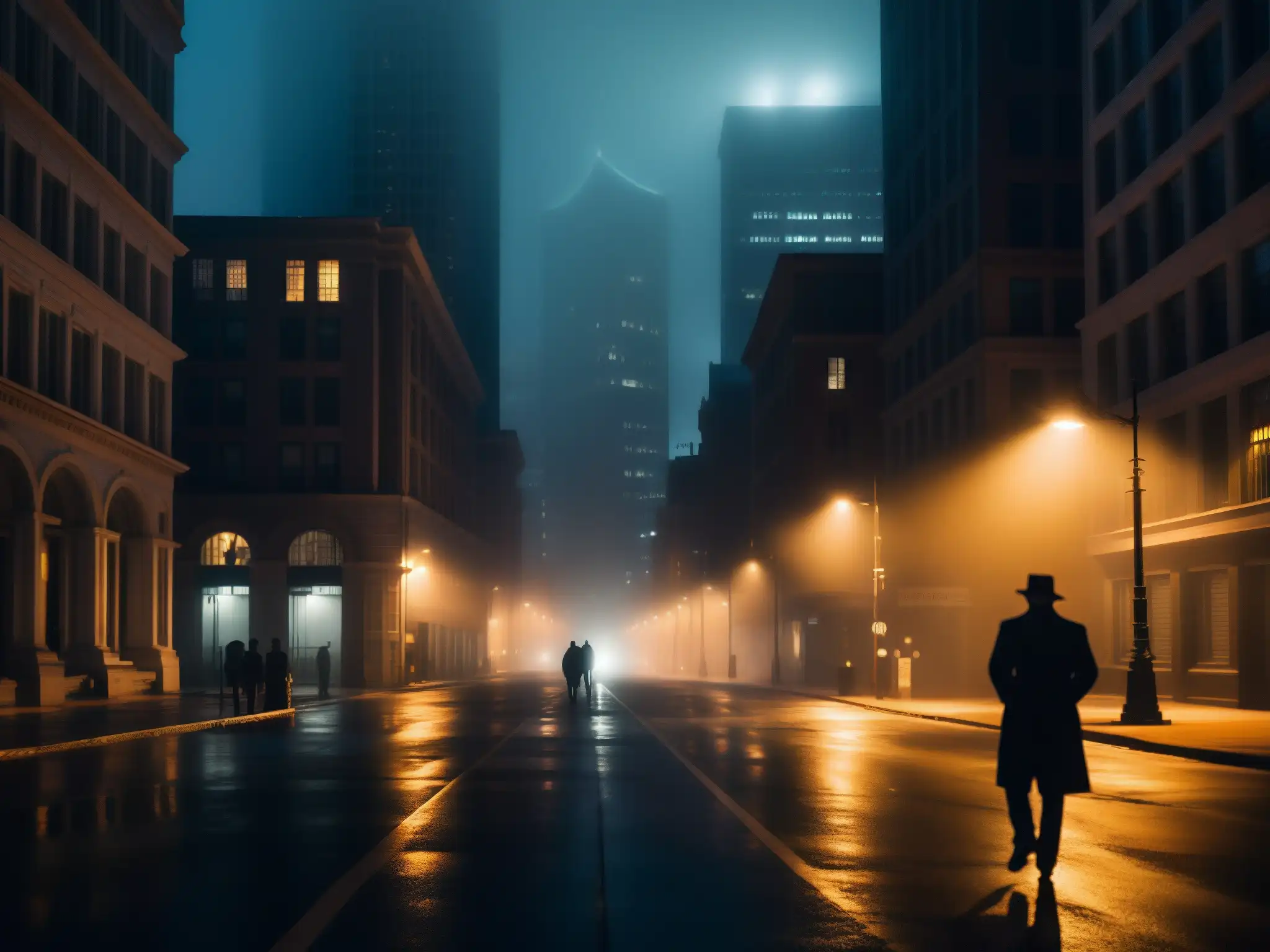 Una calle de la ciudad sombría por la noche, con edificios altos y una atmósfera inquietante
