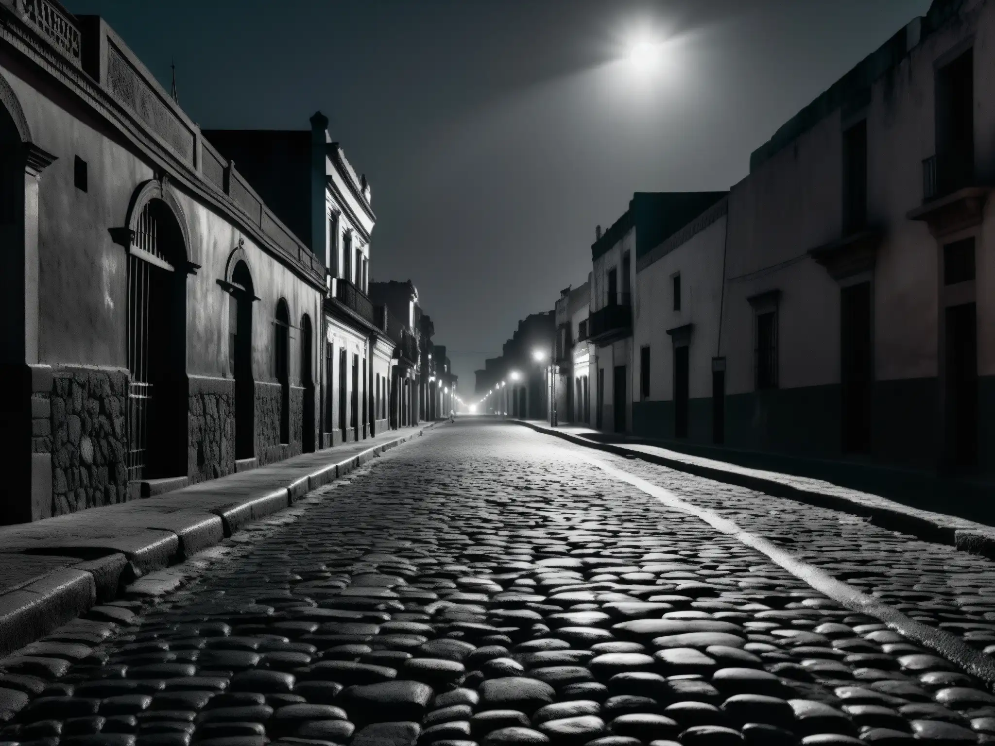 Una calle desolada y lúgubre de la Ciudad de México iluminada por la luna, donde se vislumbra la leyenda urbana de La Llorona