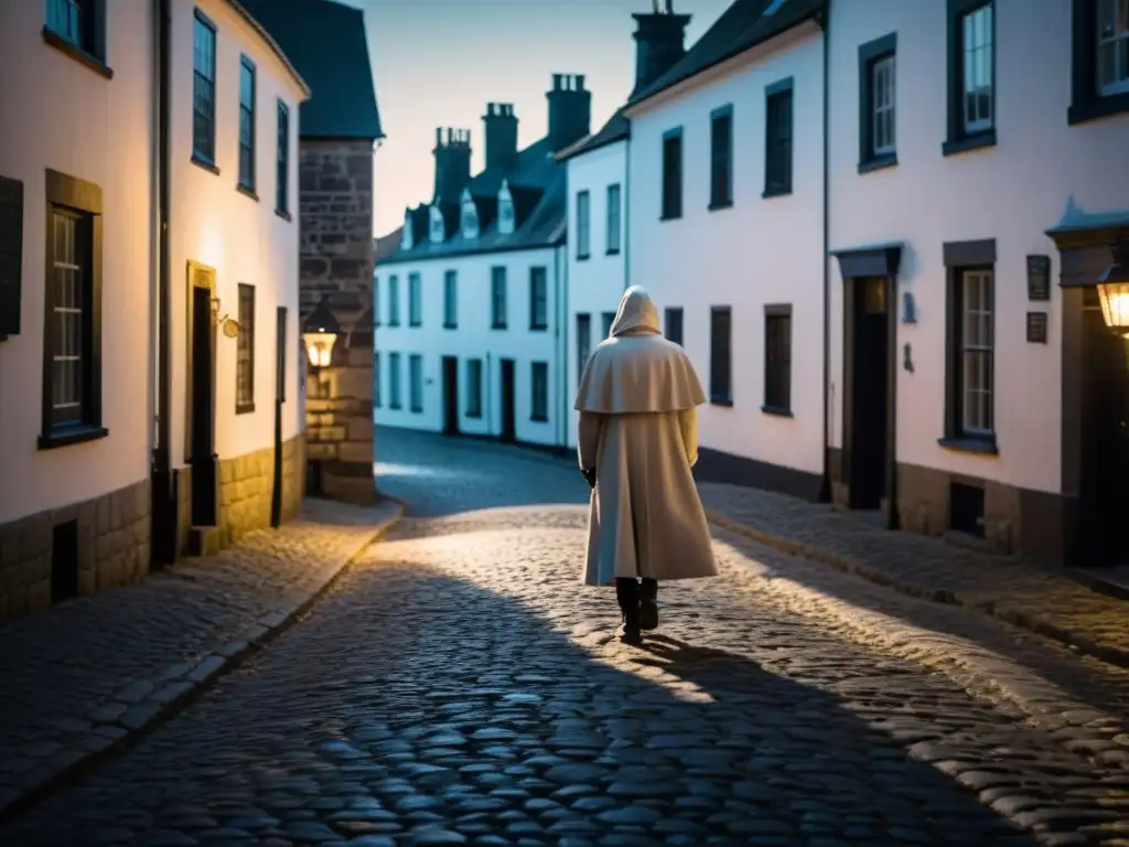 Una calle empedrada en penumbra en un pueblo histórico, con una misteriosa figura blanca entre sombras