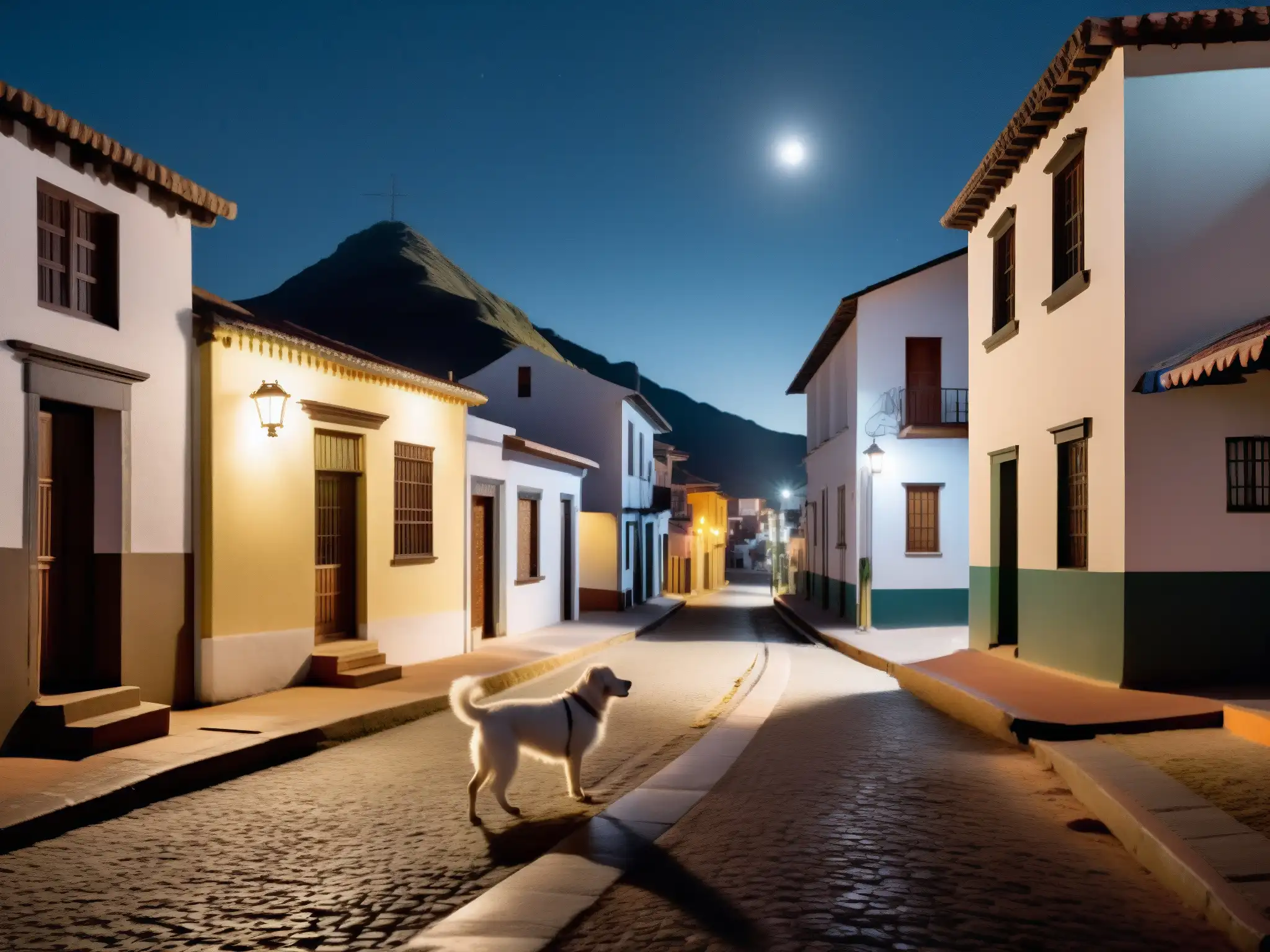 Una calle iluminada por la luna en un pueblo sudamericano, con una figura sombría paseando un perro blanco fantasmal