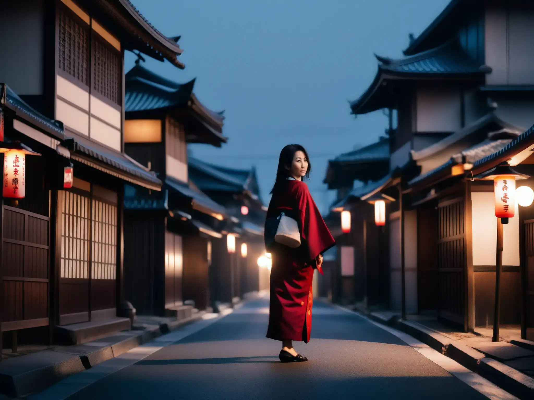 En una calle japonesa desolada, una figura siniestra con un kimono ensangrentado y una sonrisa escalofriante sostiene una hoja plateada
