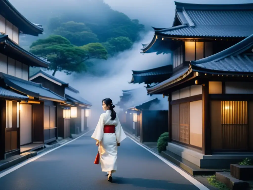 En una calle japonesa, la mujer de blanco mito urbano se desliza entre lo antiguo y lo moderno bajo la luz de la luna