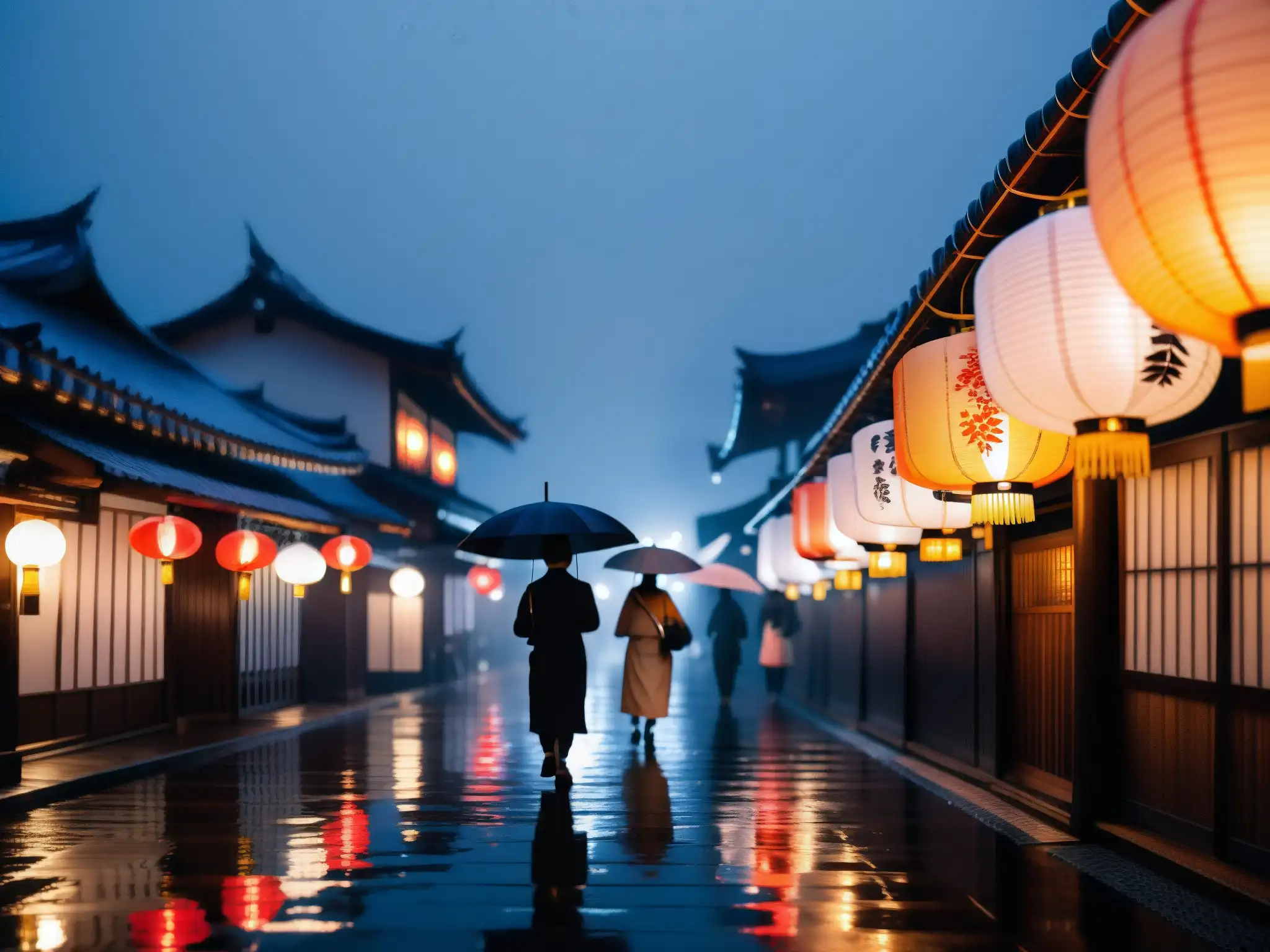 Una calle japonesa tradicional en una noche lluviosa con paraguas y linternas de papel