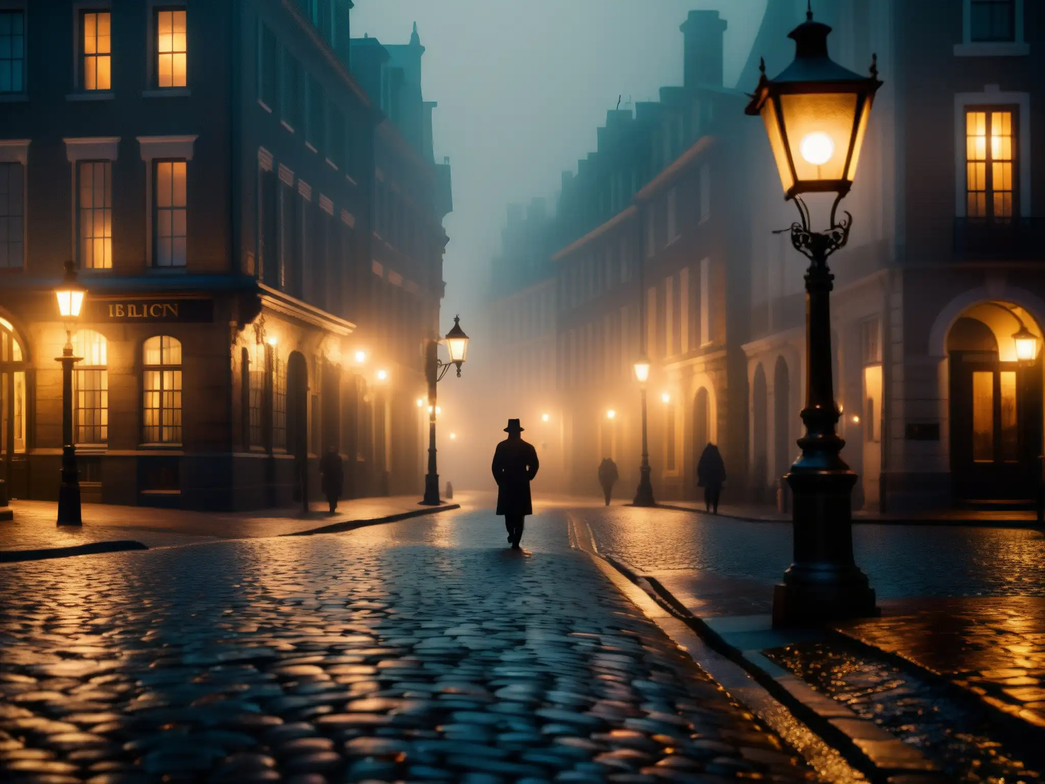 Una calle misteriosa y antigua iluminada por farolas, donde las siluetas se desvanecen entre la niebla