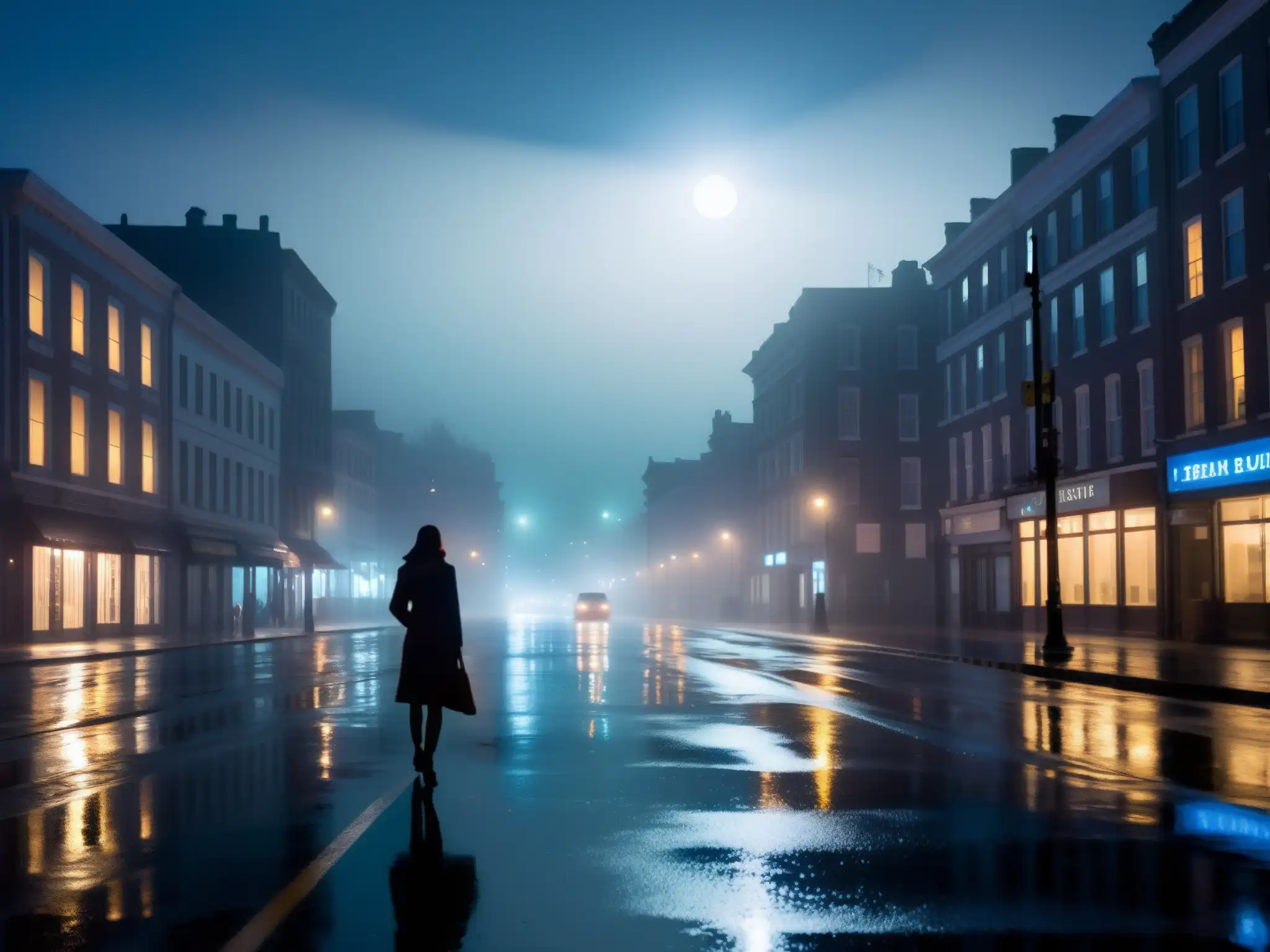 Una calle neblinosa de la ciudad de noche, con luces de farolas creando sombras largas y una atmósfera misteriosa