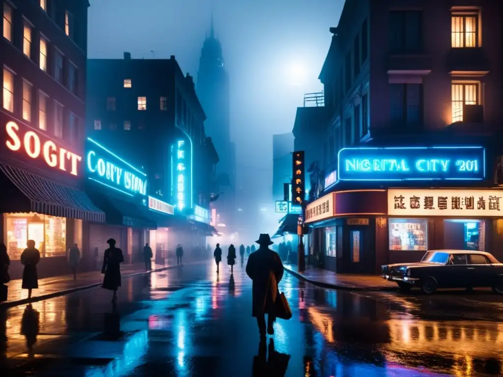 Una calle neblinosa de la ciudad de noche, iluminada por luces de neón y farolas