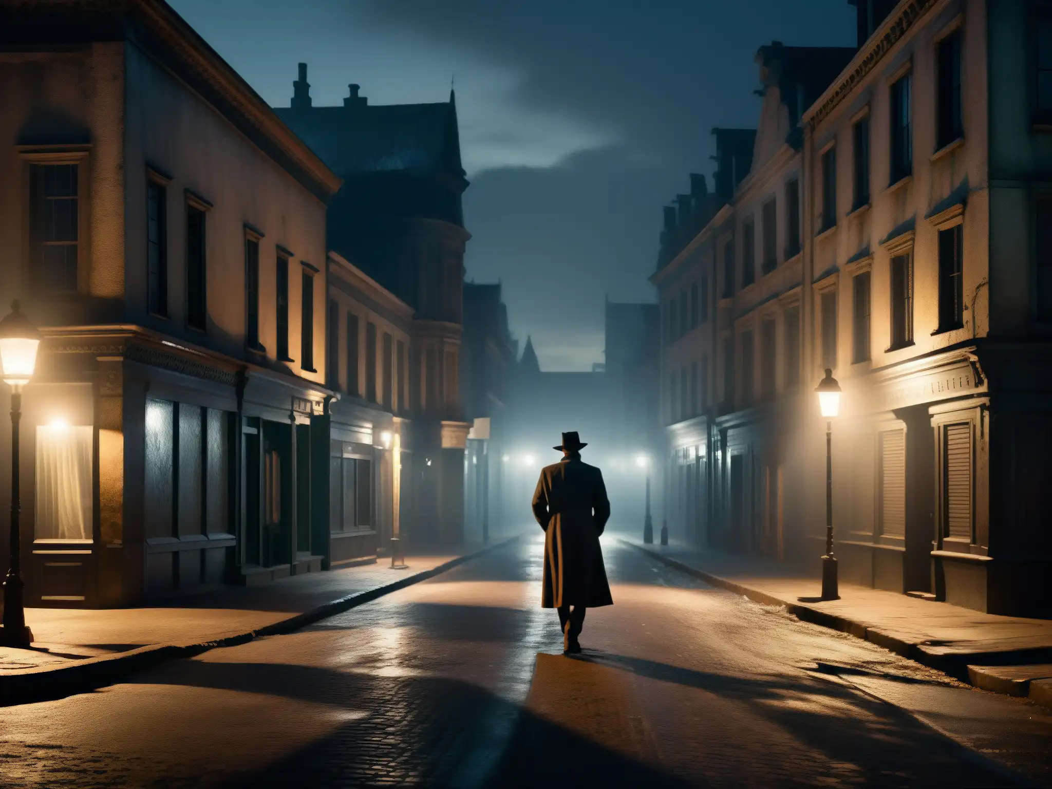 Una calle neblinosa y iluminada por la luna, con edificios antiguos y un misterioso personaje en la distancia, que potencia leyendas urbanas