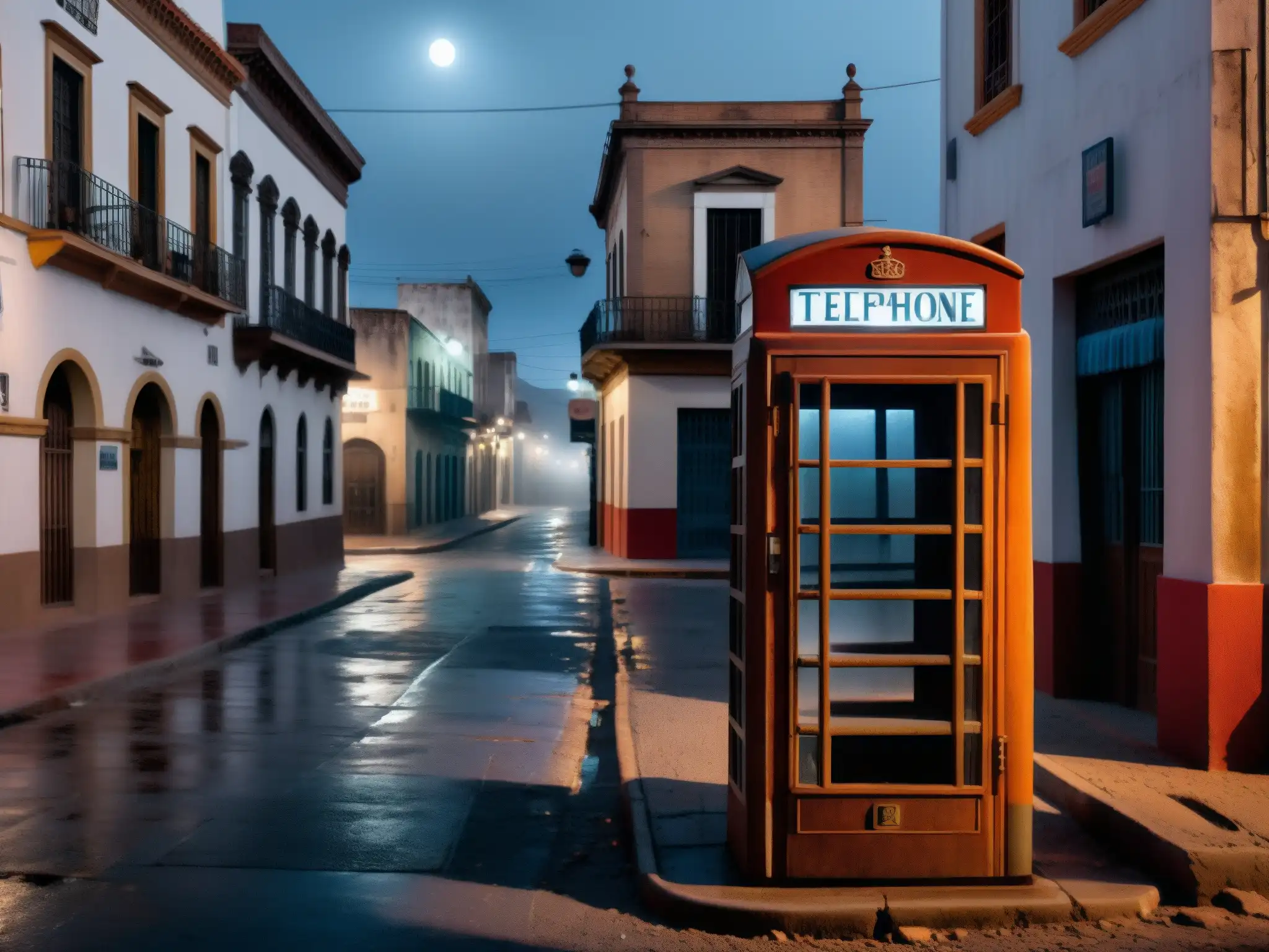 Una calle neblinosa y luna en Zacatecas, con una vieja cabina telefónica abandonada en primer plano