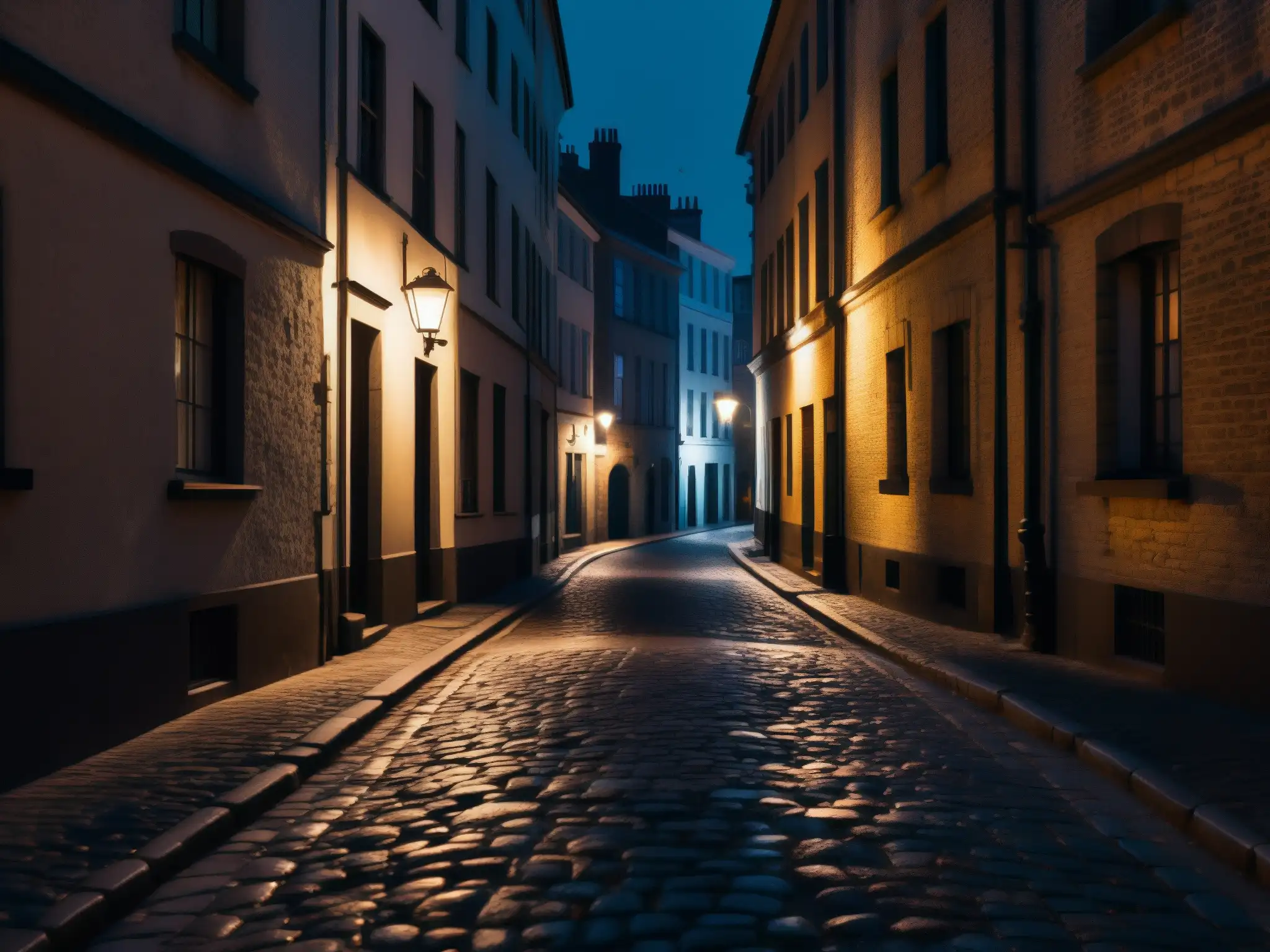 Una calle nocturna de la ciudad, iluminada con sombras inquietantes y luces parpadeantes, evocando desconfianza social en leyendas urbanas