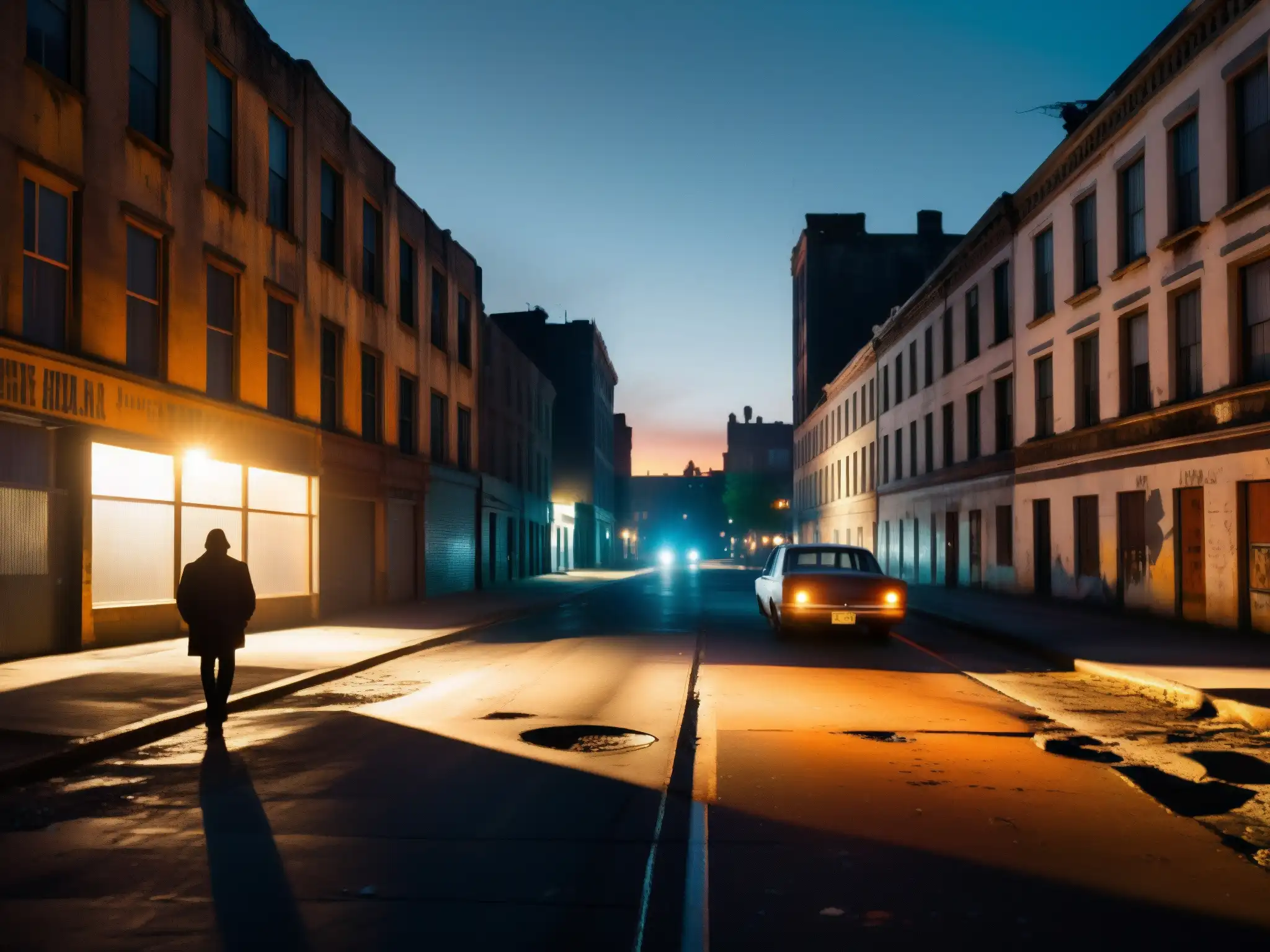 Una calle nocturna en la ciudad, llena de sombras, con una figura solitaria caminando en la distancia
