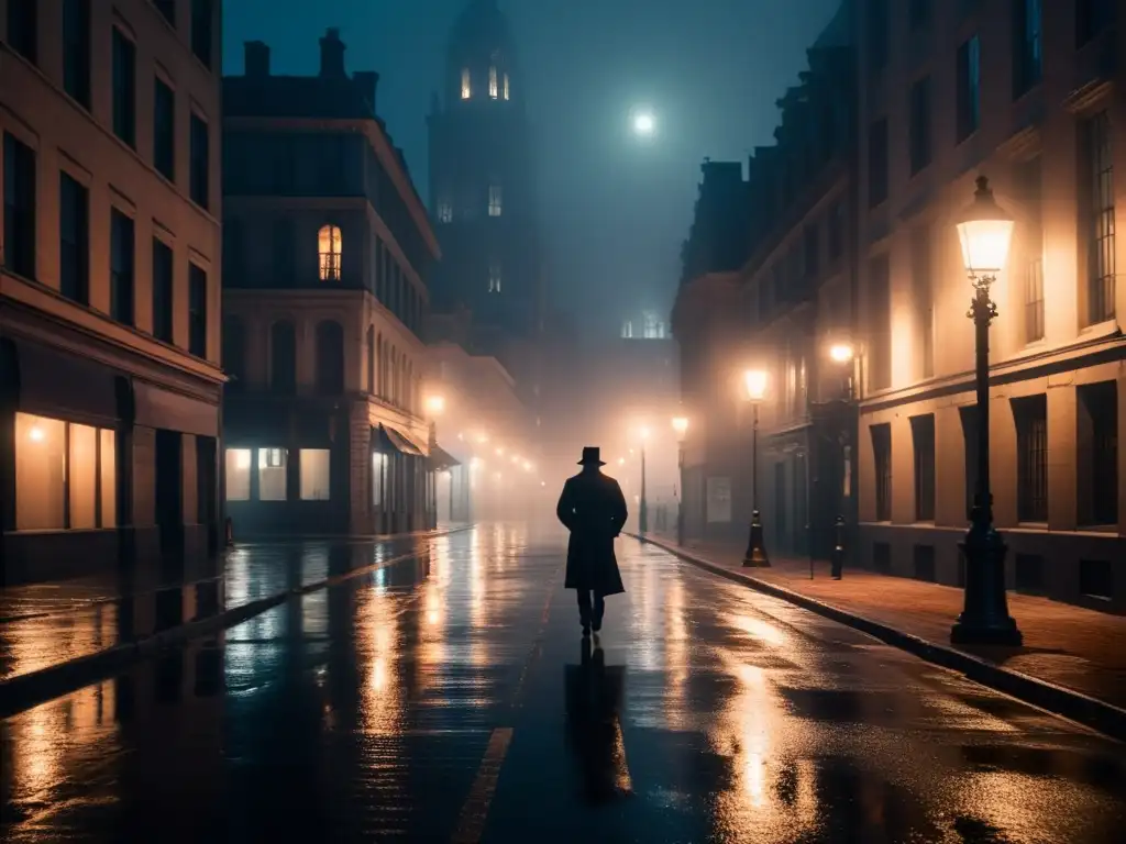 Una calle nocturna envuelta en neblina, con edificios altos y luces de farolas, evocando interpretaciones psicológicas de leyendas urbanas