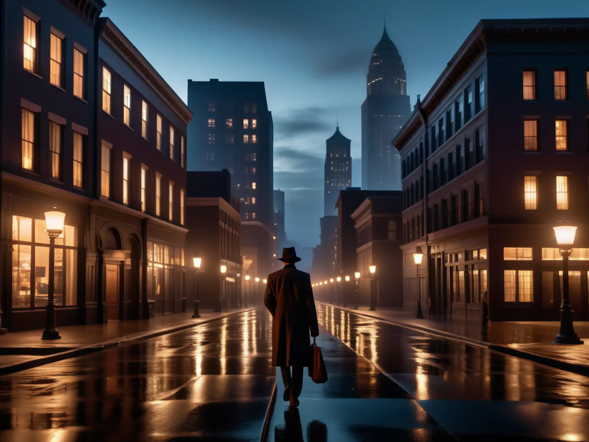 Una calle oscura de la ciudad de noche, con edificios altos y sombríos que proyectan una atmósfera misteriosa