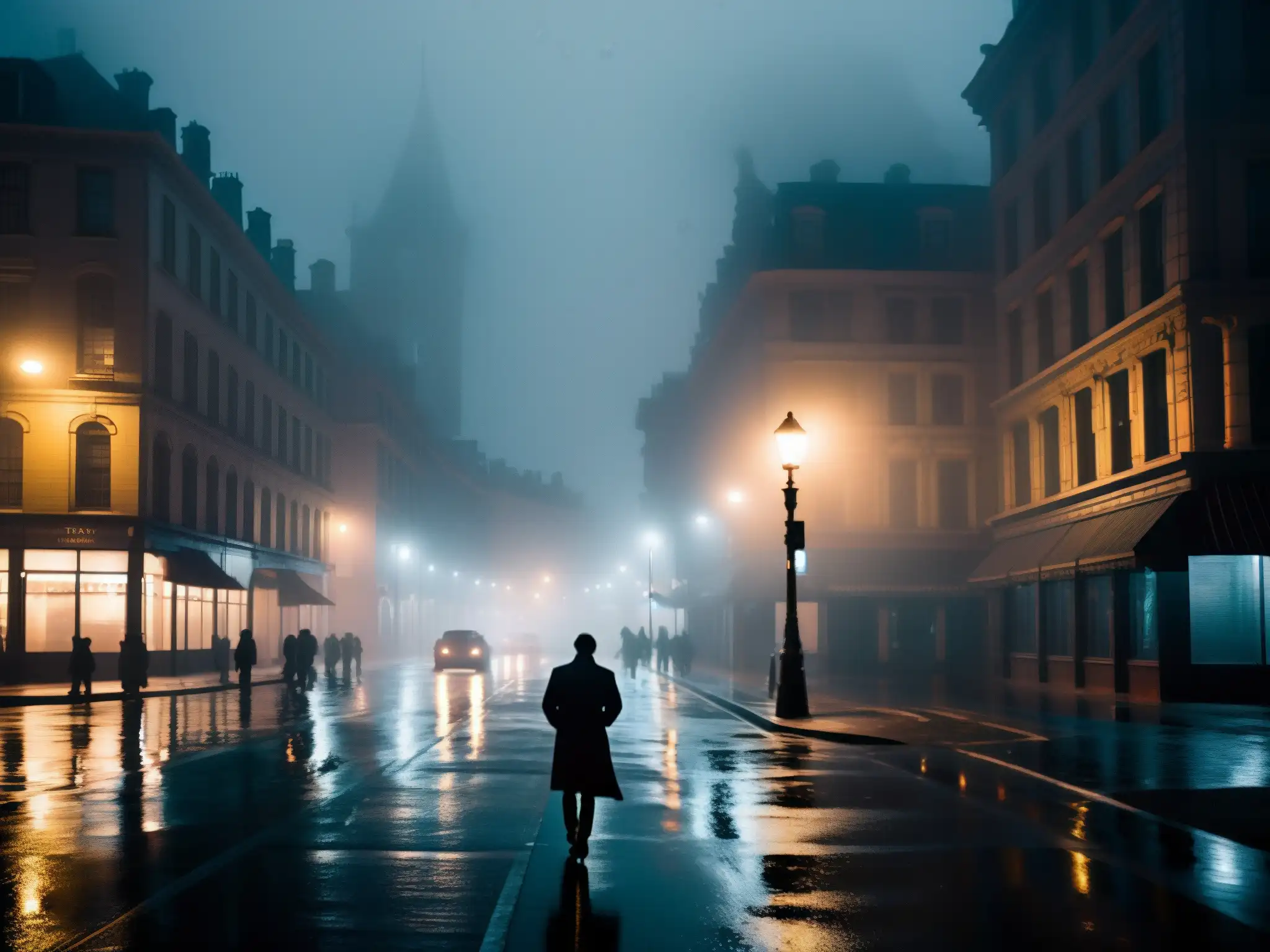 Una calle oscura de la ciudad por la noche, con niebla alrededor de las luces parpadeantes