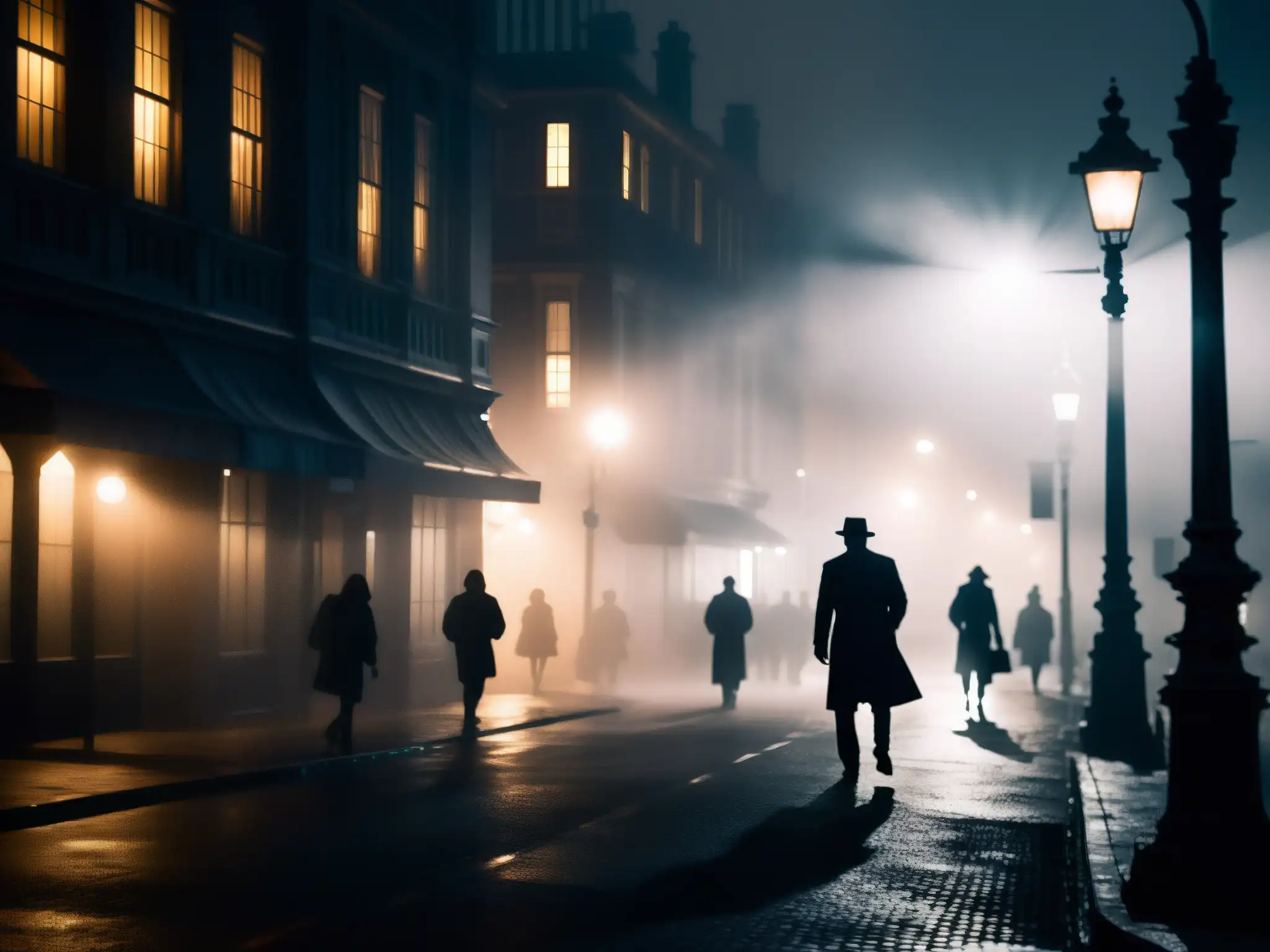 Una calle oscura y misteriosa de la ciudad de noche, con la niebla alrededor de una farola parpadeante