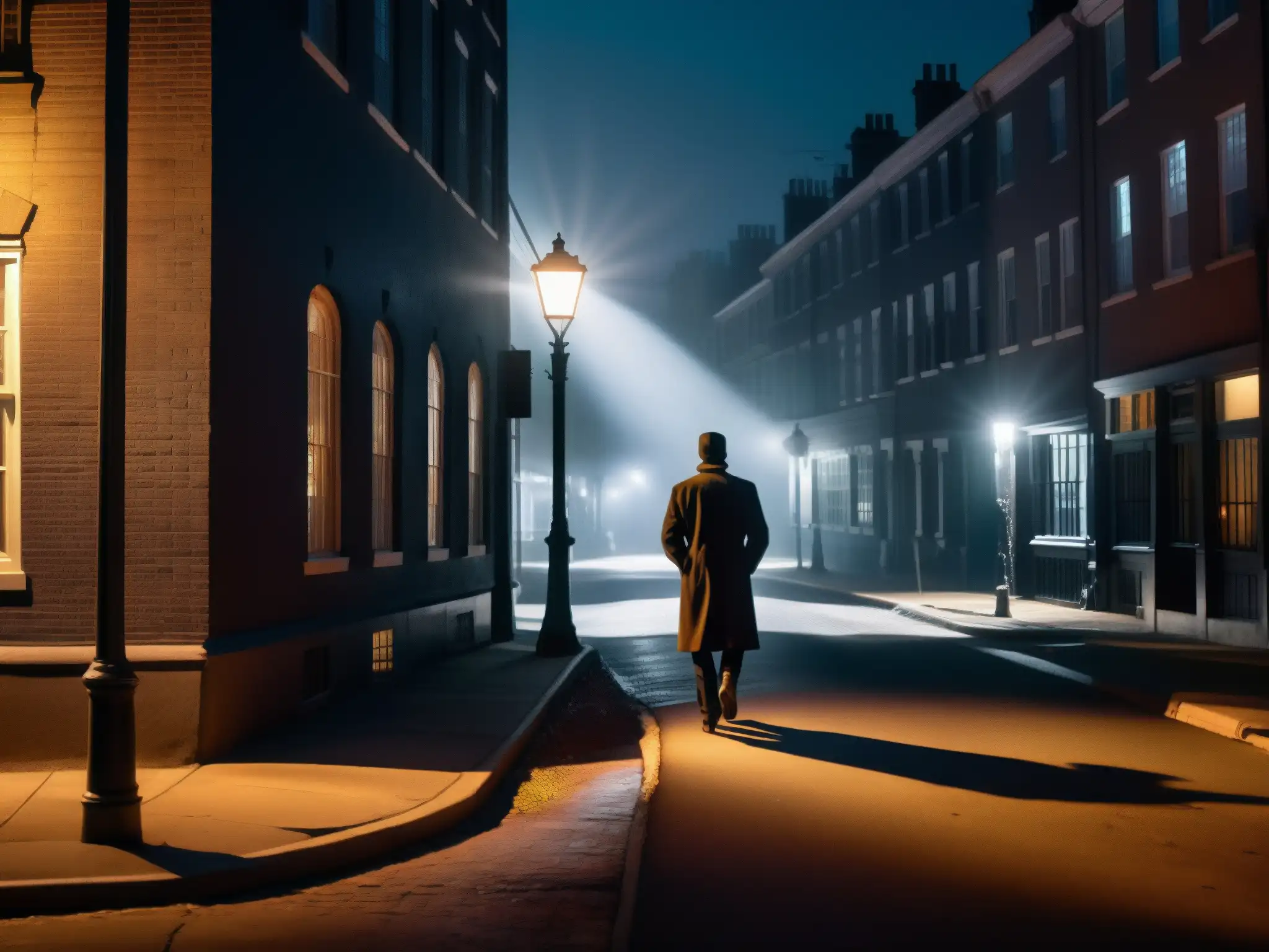 Una calle oscura y misteriosa de noche con una figura sombría al fondo, evocando el origen literario de leyendas urbanas