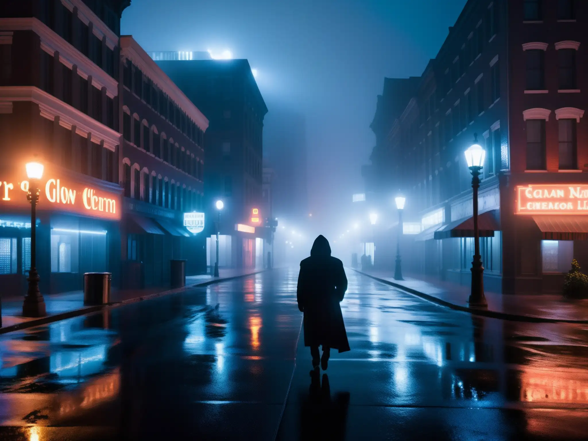 Una calle oscura y neblinosa de la ciudad de noche, con una figura misteriosa entre sombras
