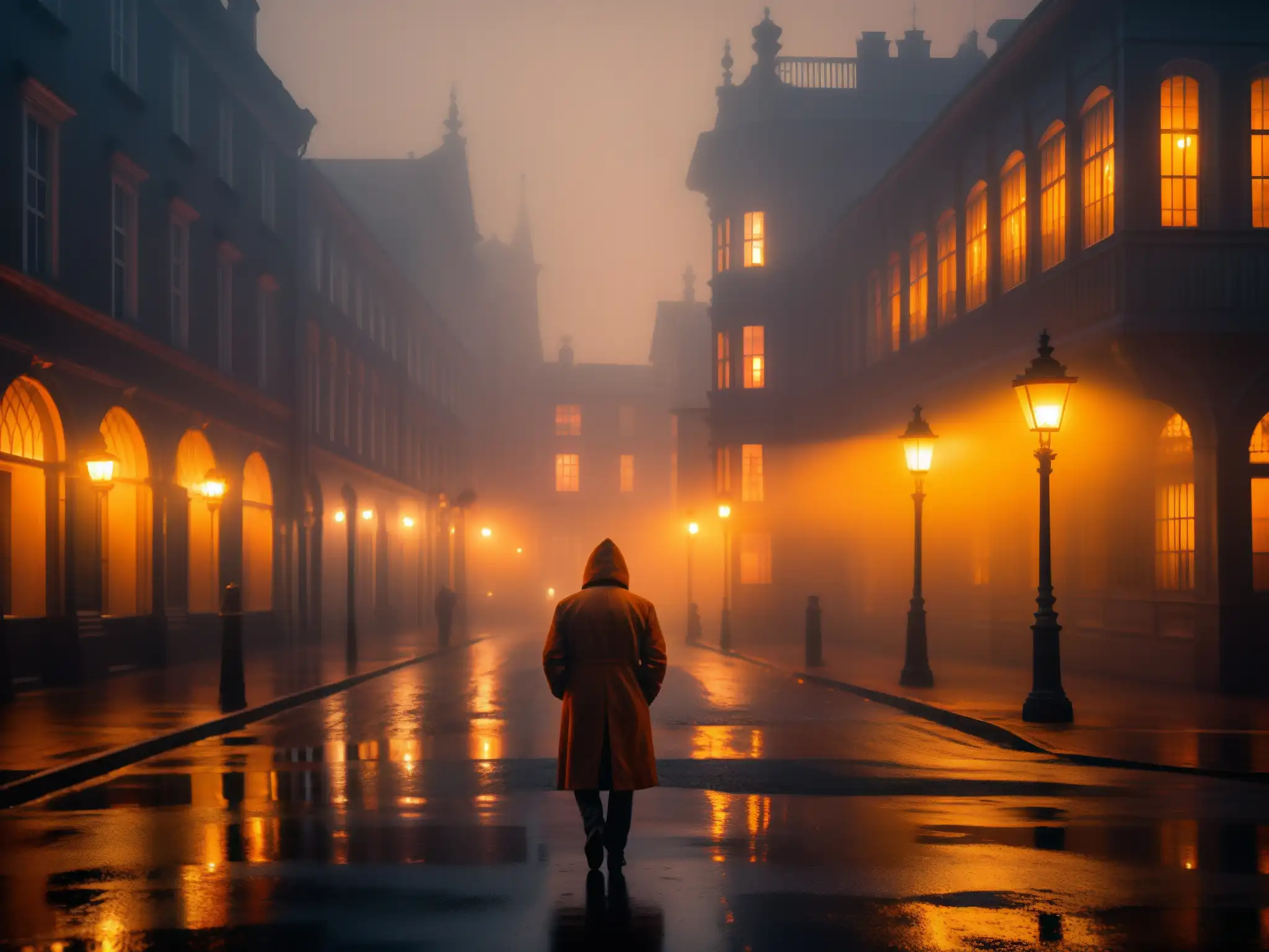 Una calle oscura y neblinosa iluminada por luces anaranjadas, con una figura sombría al acecho
