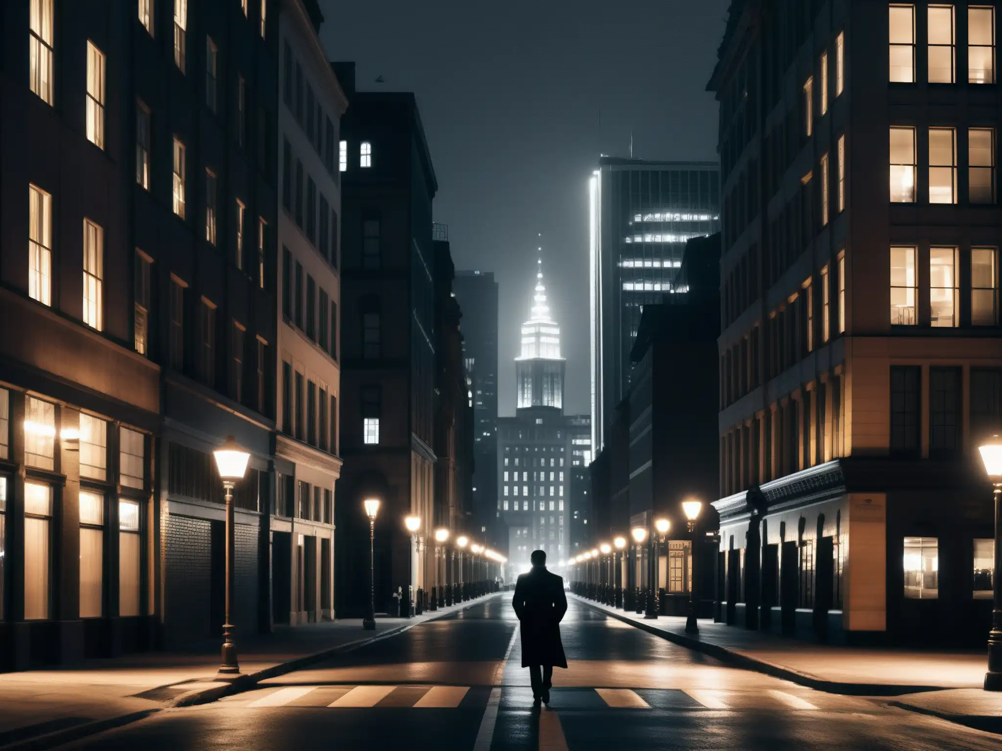Una calle solitaria y sombría de la ciudad de noche, con edificios imponentes y una figura solitaria, evocando la relación leyendas urbanas depresión