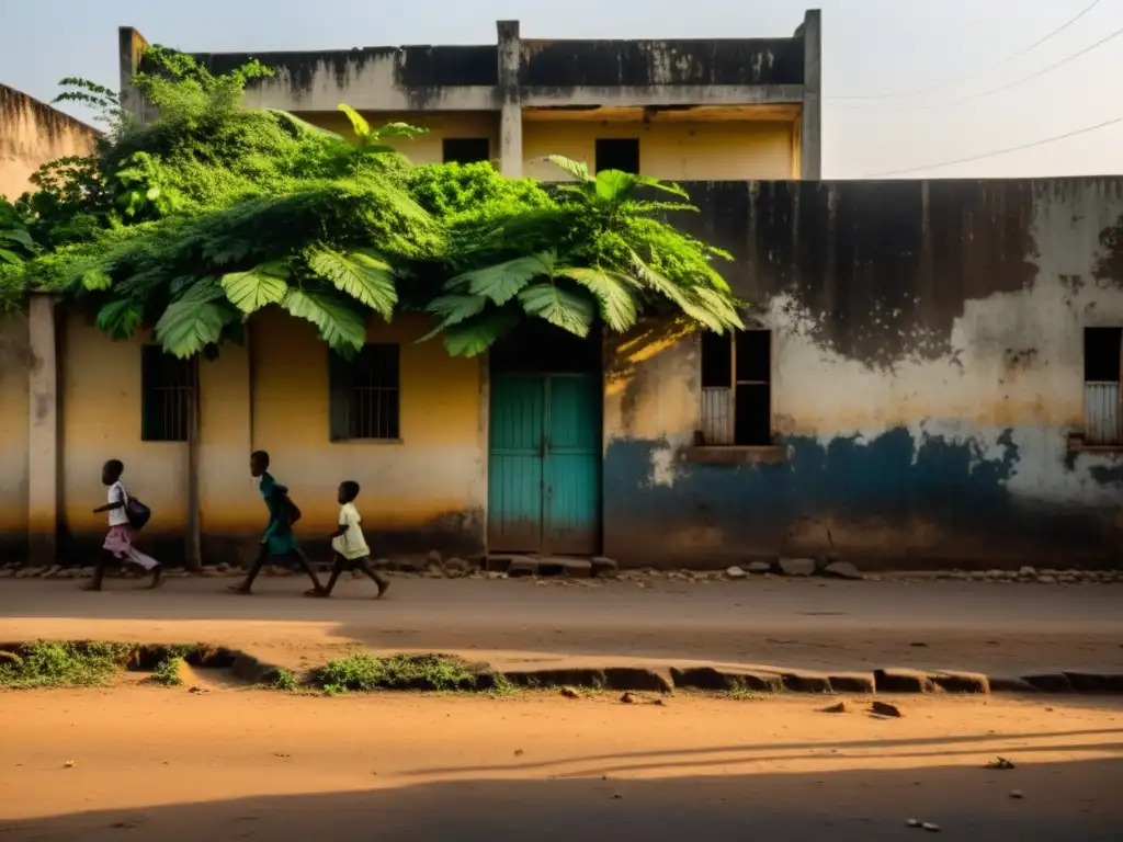 Una calle sombría en Lomé, Togo, con luces tenues y niños jugando cerca de un edificio abandonado, evocando misterio niños desaparecidos en Lomé
