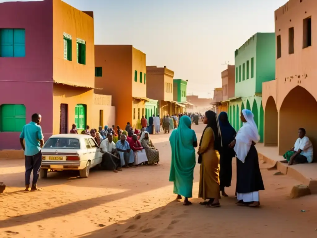 Una calle urbana bulliciosa en Mauritania con edificios coloridos y gente escuchando un cuento al atardecer