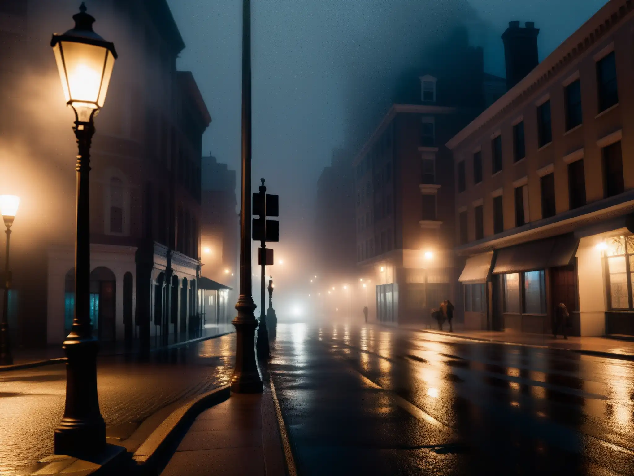 Una calle urbana poco iluminada por la noche con neblina alrededor de una farola parpadeante