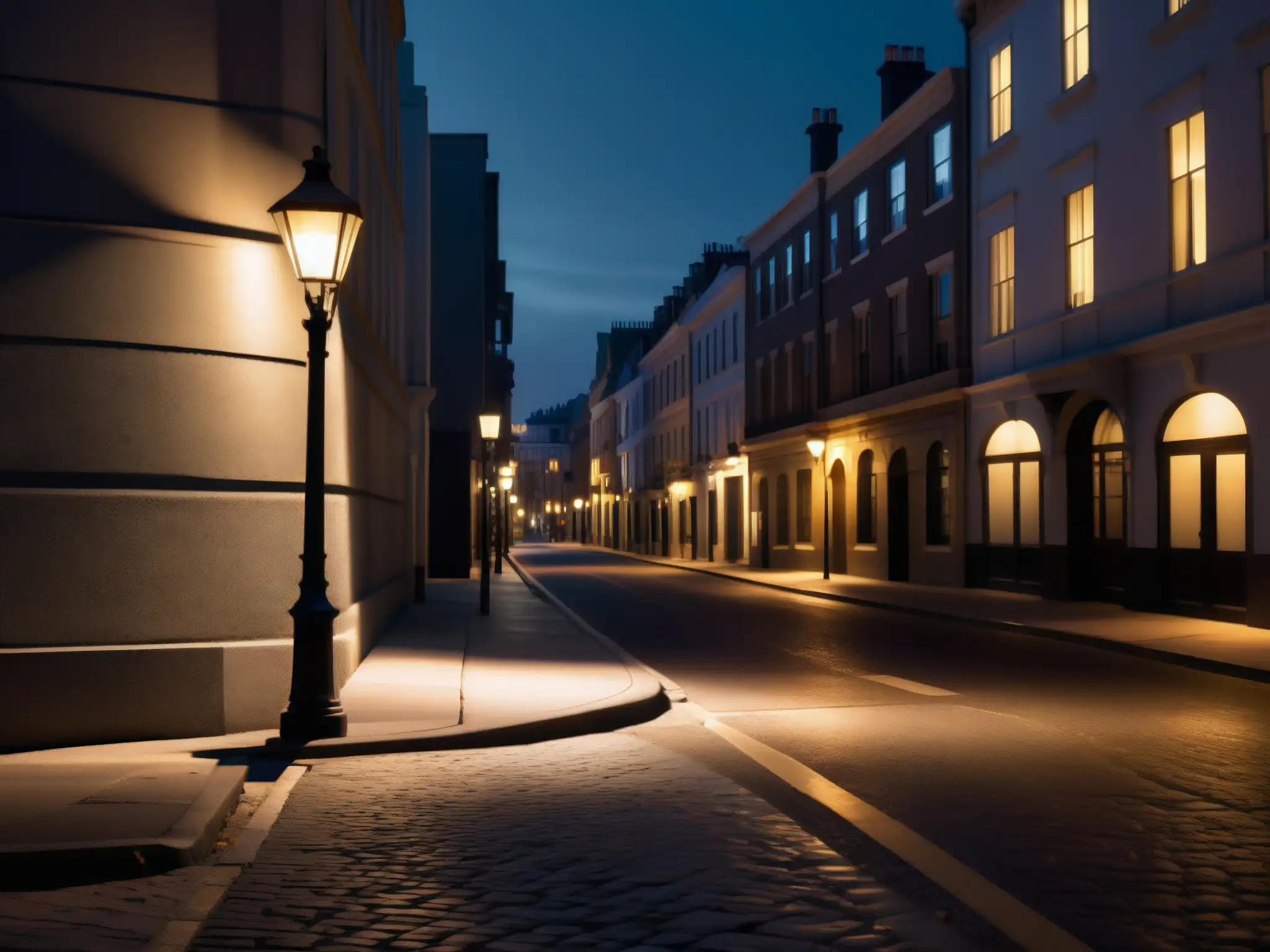 Una calle urbana poco iluminada de noche, con una farola parpadeante y sombras misteriosas