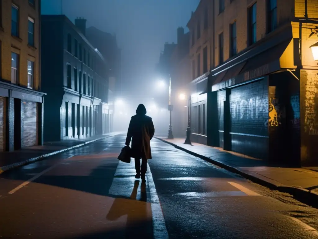Una calle urbana misteriosa y sombría de noche, con figuras y paredes graffiteadas, evocando una sensación de inquietud