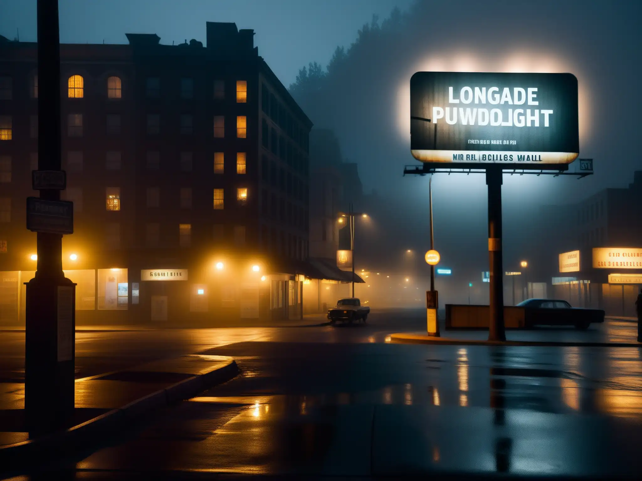 Una calle urbana oscura y desierta de noche, con un antiguo cartel publicitario en la distancia y una atmósfera misteriosa de leyendas urbanas