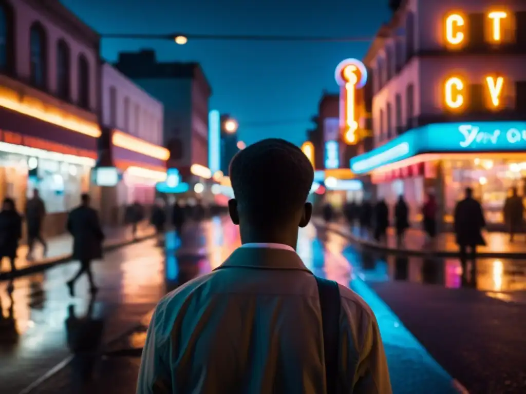 Una calle urbana oscura con luces titilantes y una figura borrosa mirando nerviosamente sobre su hombro