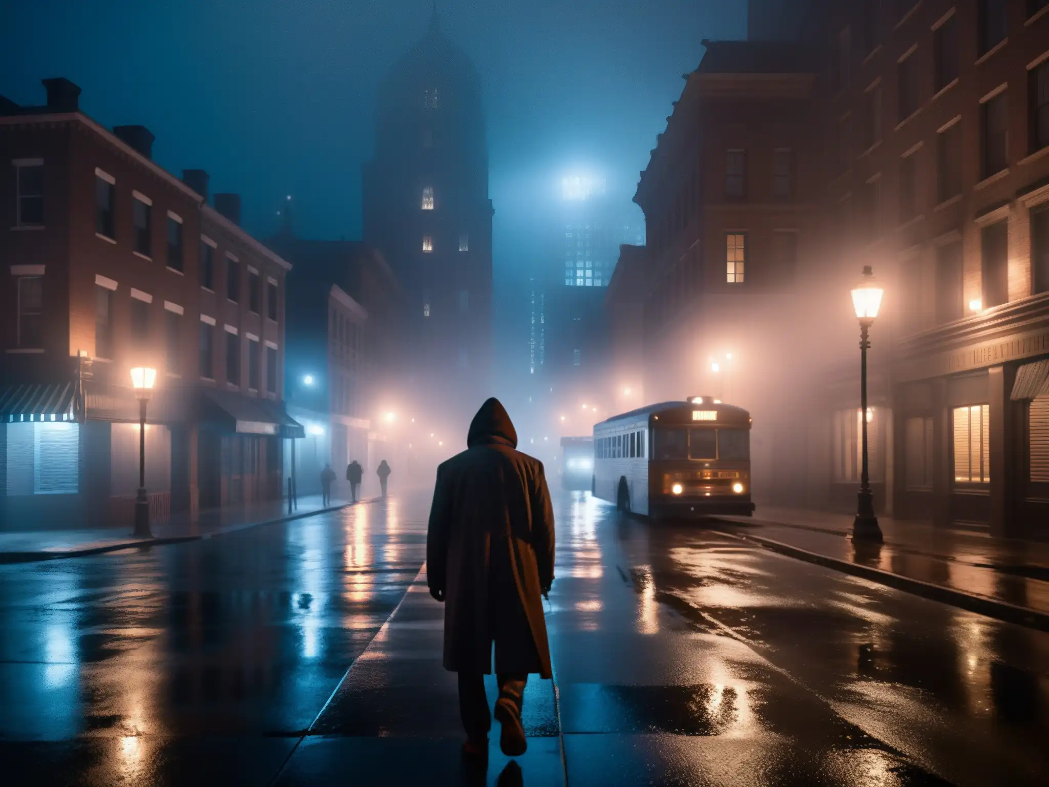 Una calle urbana oscura y neblinosa de noche, con edificios antiguos y una figura misteriosa con ojos brillantes