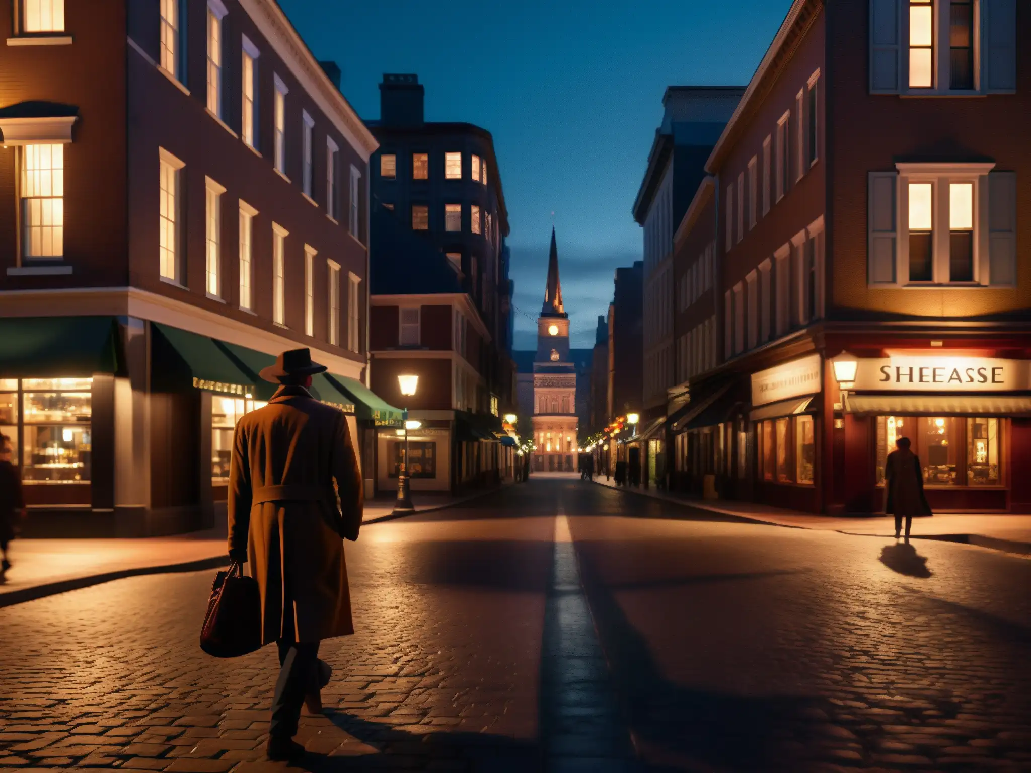 Una calle urbana oscura de noche con figuras misteriosas y una iluminación atmosférica, capturando la esencia de los mitos urbanos