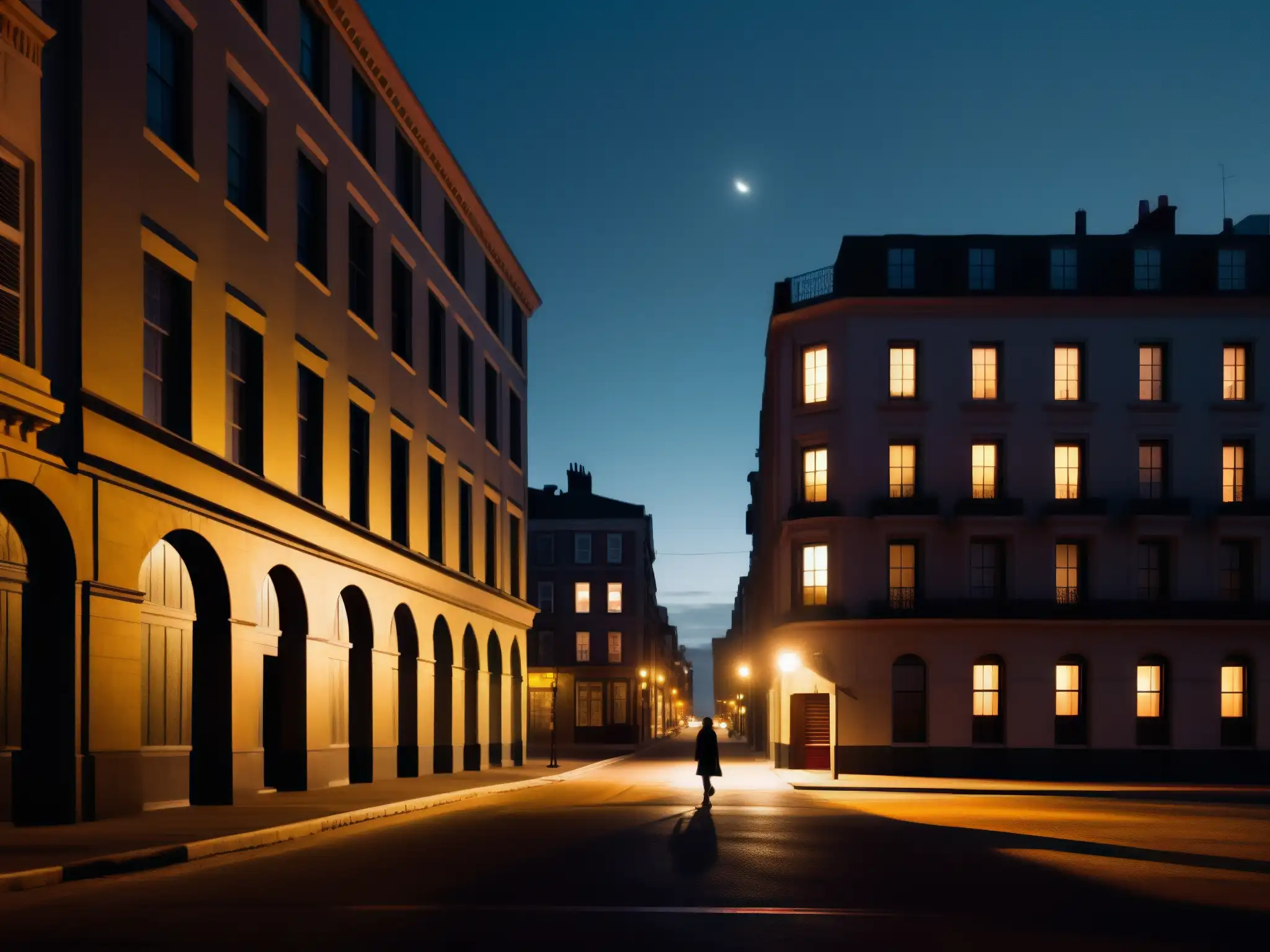 Una calle urbana oscura y solitaria de noche, con una figura caminando bajo la luz parpadeante de una farola