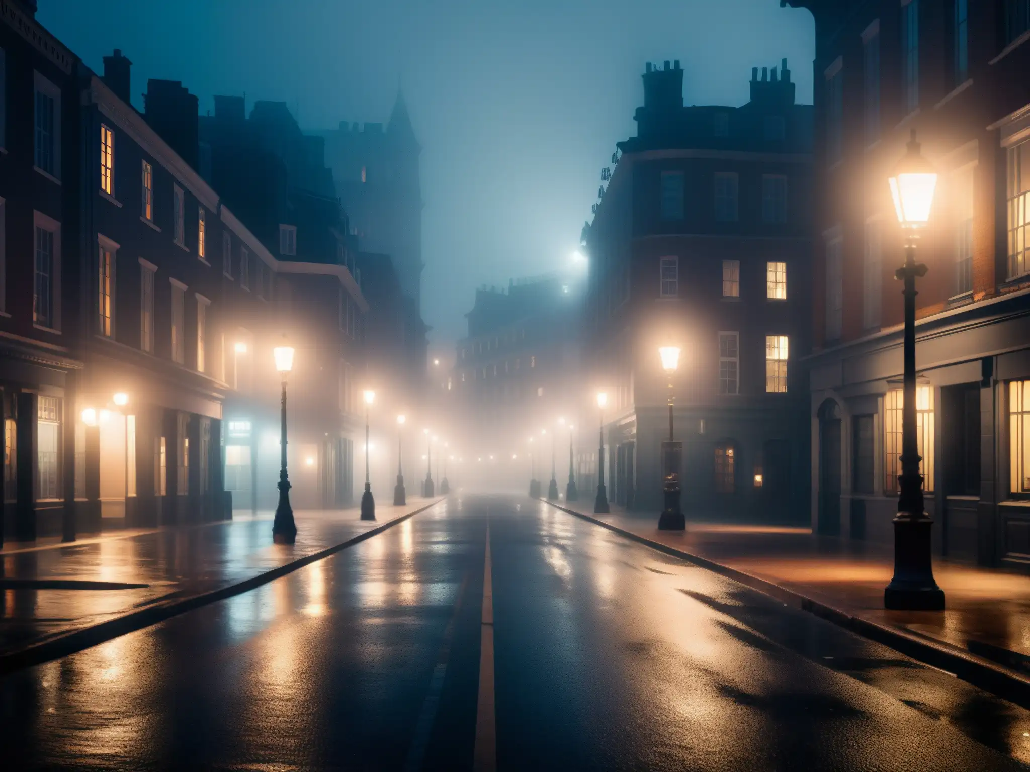 Una calle urbana en penumbra con neblina, evocando el impacto psicológico de leyendas urbanas