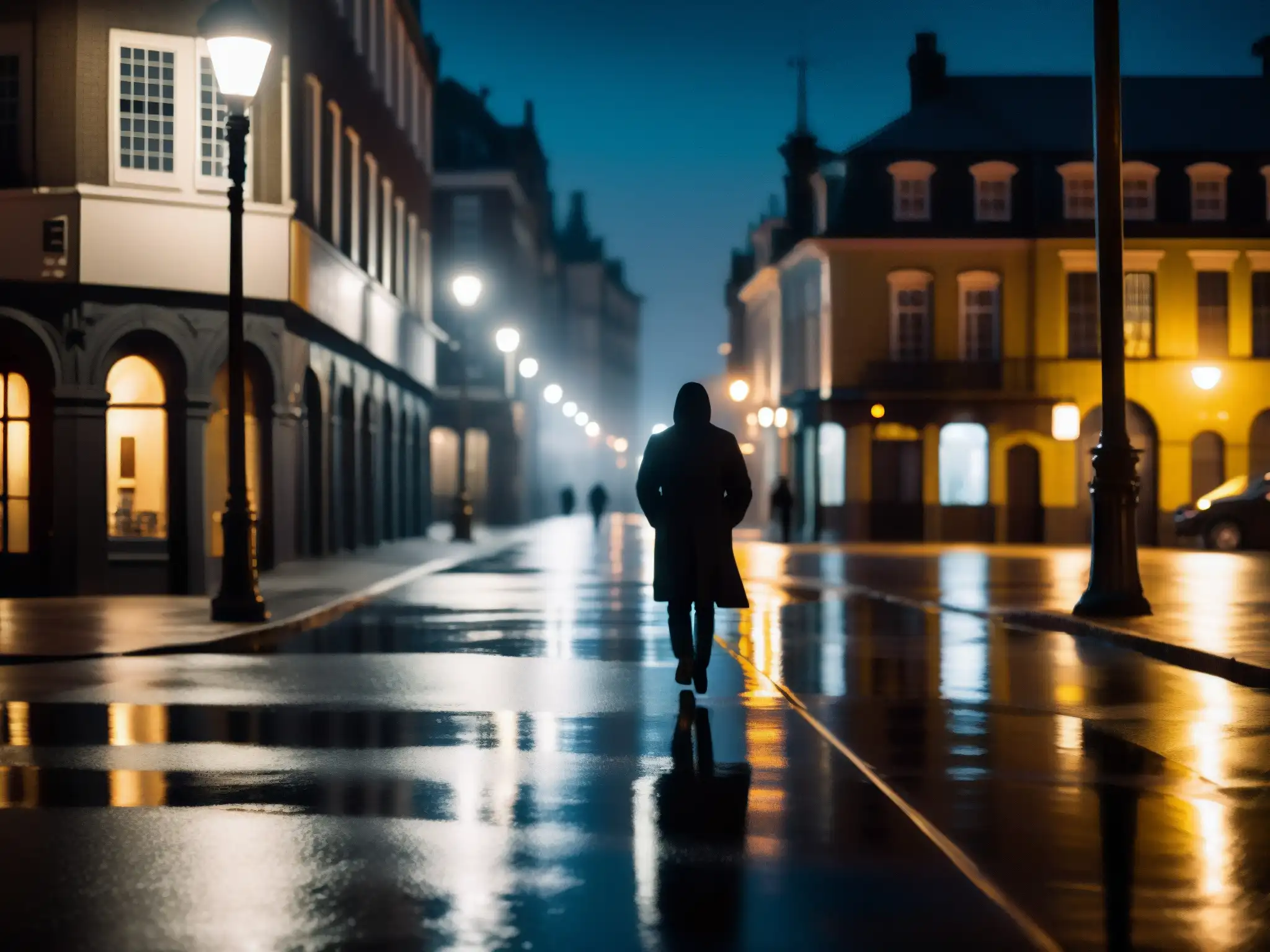 Una calle urbana sombría de noche con una figura borrosa caminando