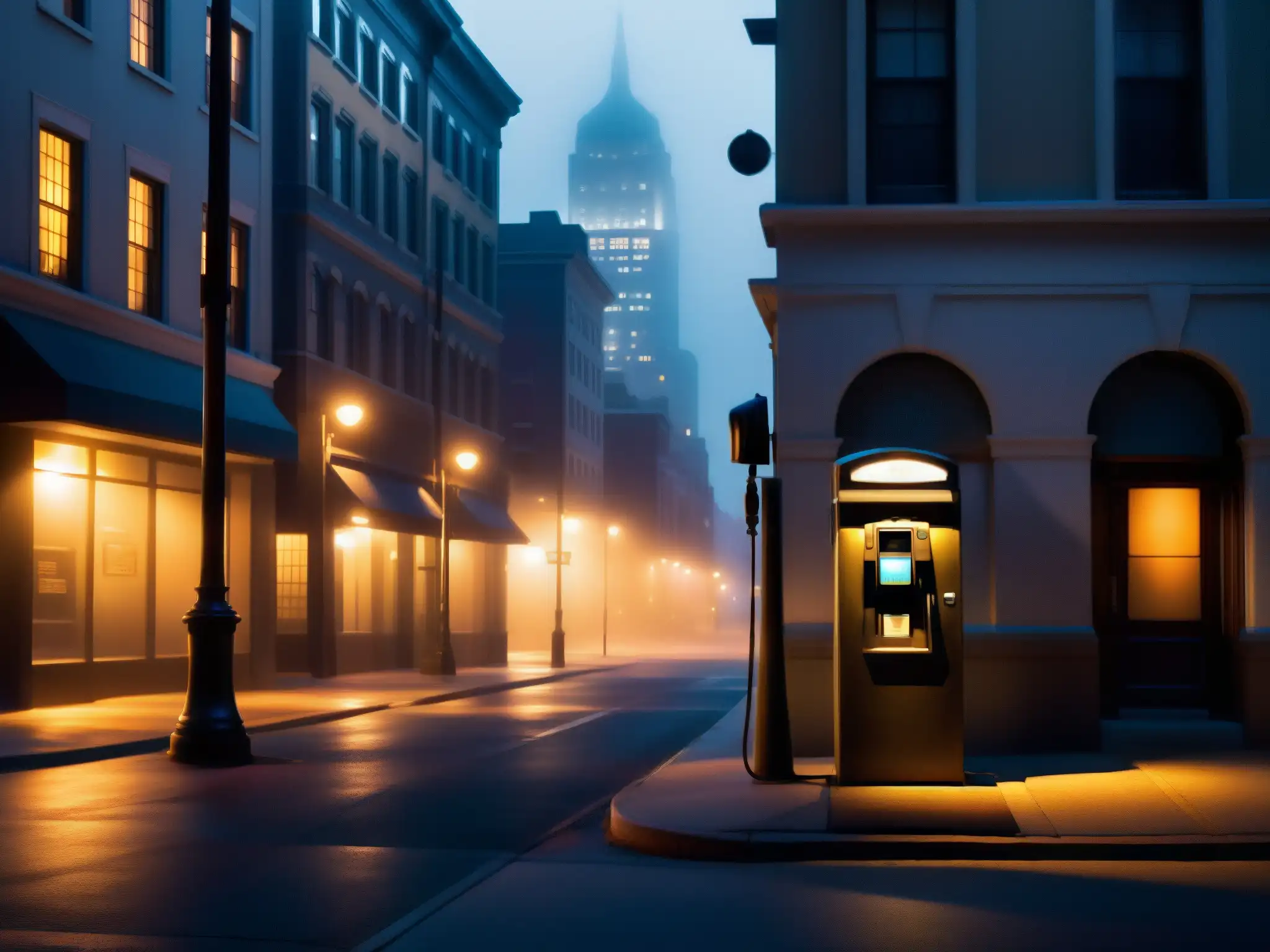 Una calle urbana tenue iluminada de noche con un teléfono público solitario bajo una farola parpadeante