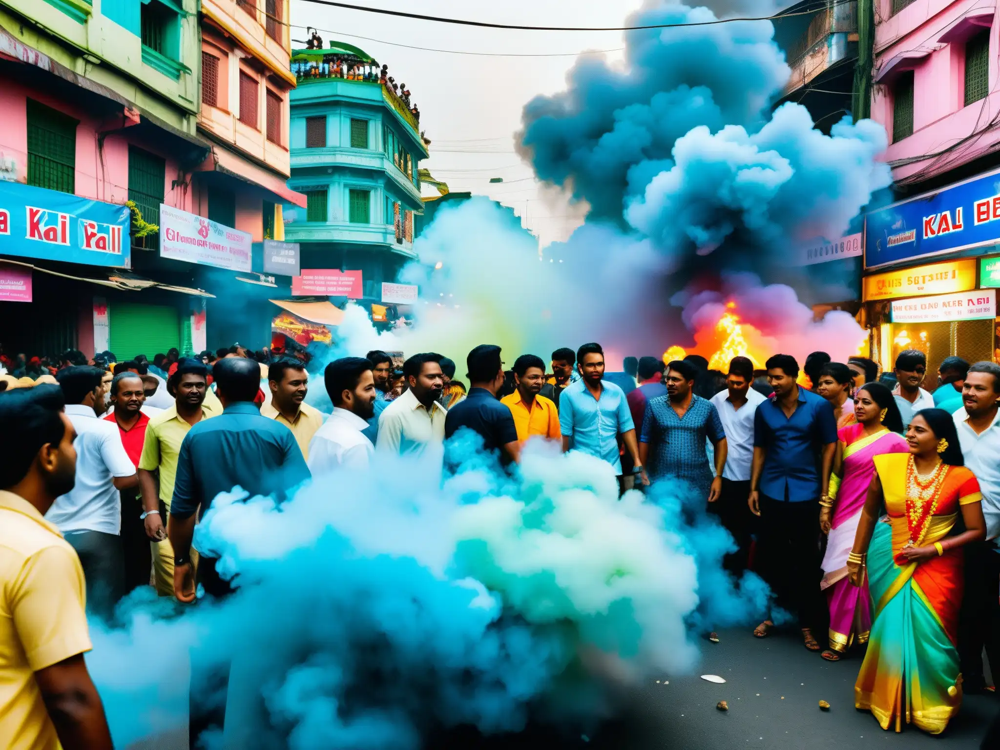 Calle vibrante y caótica de Calcuta durante el culto a la diosa Kali, con devotos, música y estatuas coloridas