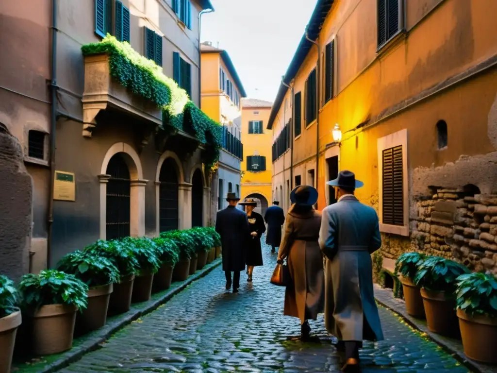 Un callejón antiguo en Roma, iluminado por faroles, donde figuras en sombra intercambian secretos, evocando leyendas urbanas historia Roma