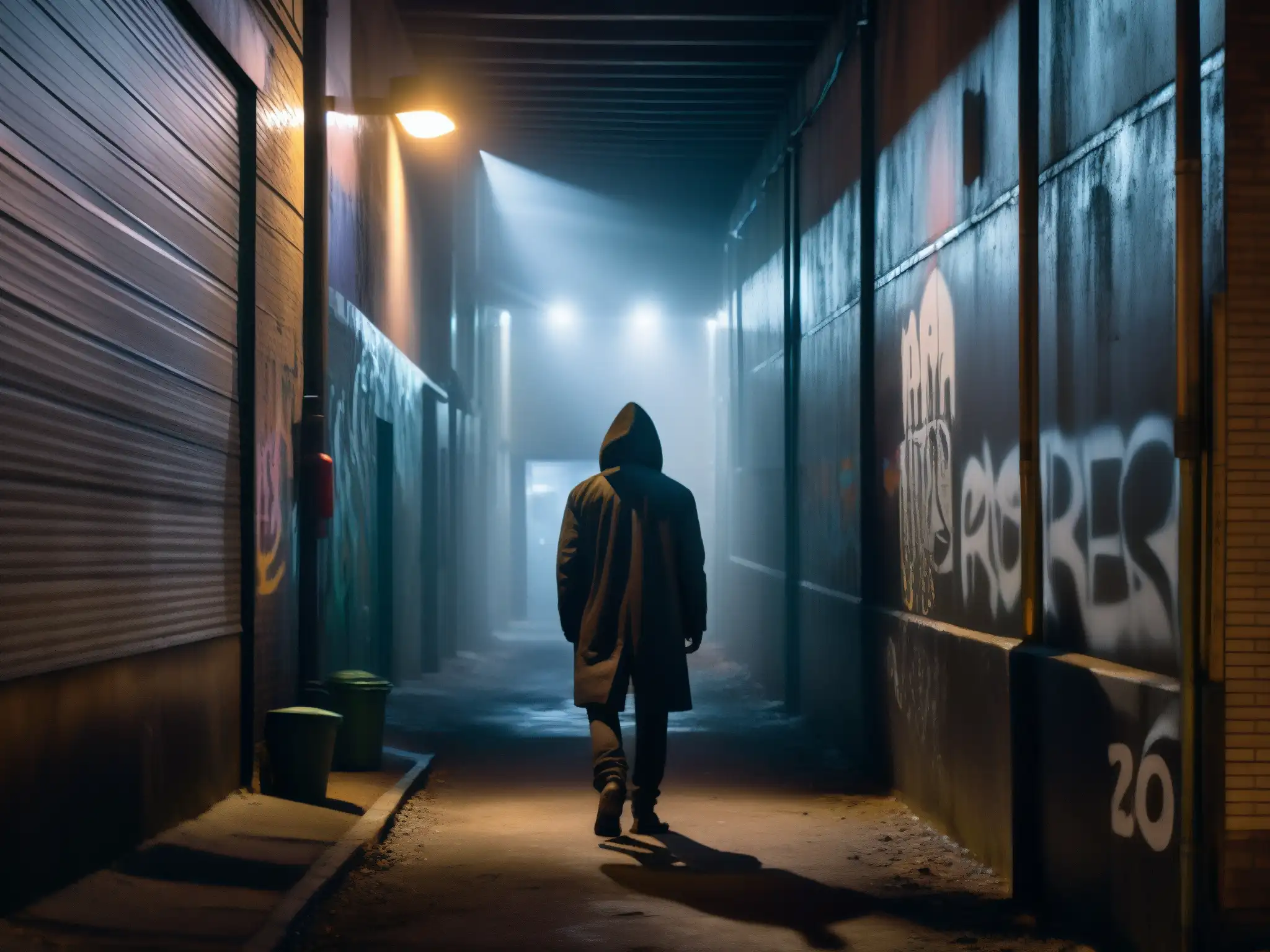 Un callejón de ciudad con muros graffiteados, una figura solitaria en las sombras y un misterioso silueta entre la neblina