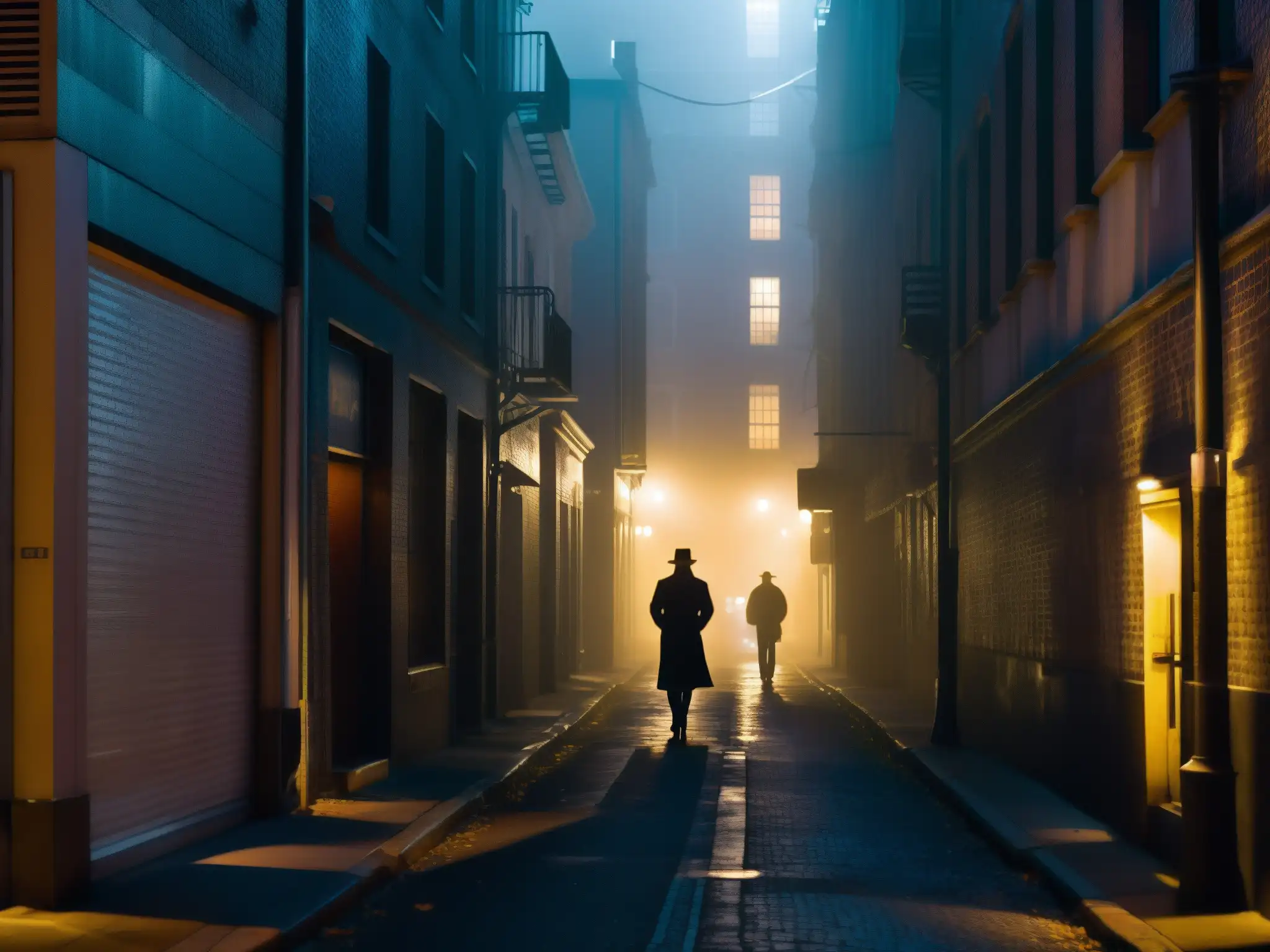 Un callejón de la ciudad en la noche, con edificios altos y sombras alargadas