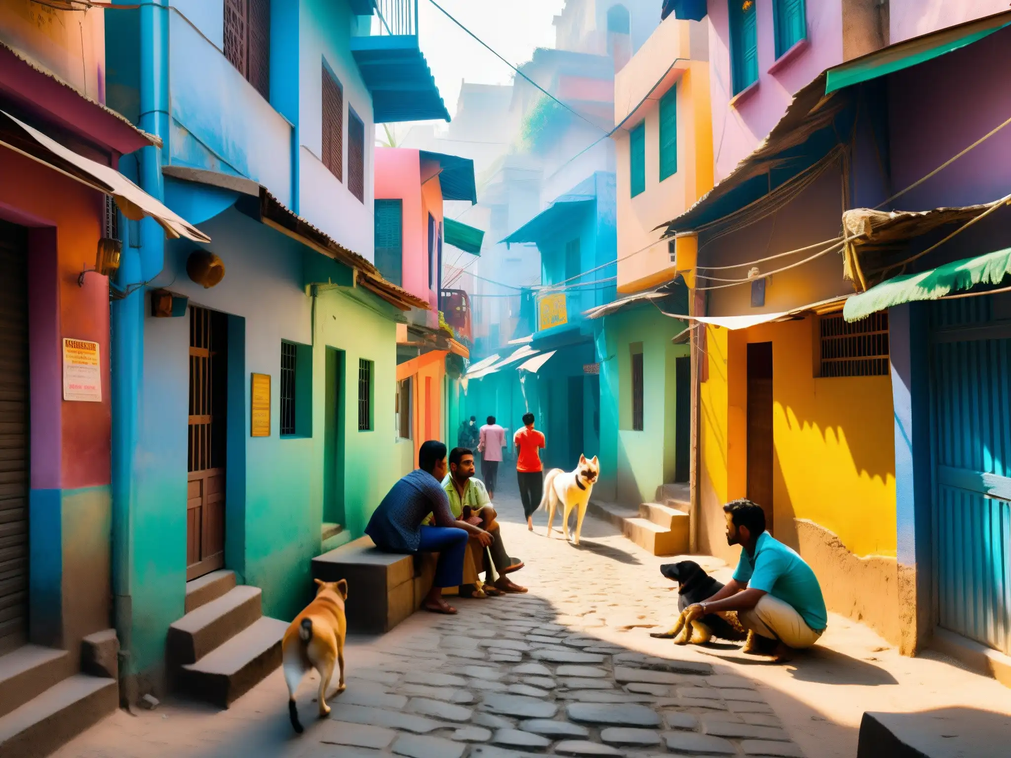 Un callejón estrecho en una bulliciosa ciudad india, con edificios coloridos y murales intrincados