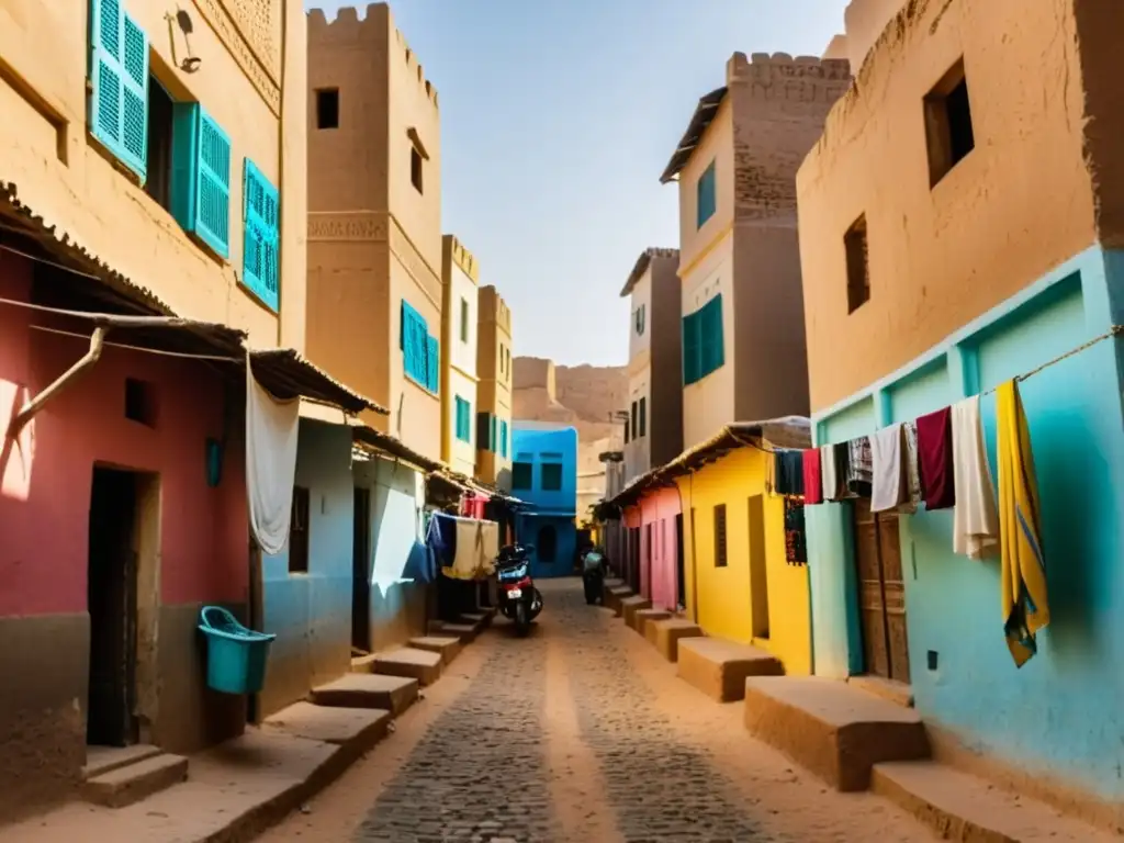 Un callejón estrecho en una bulliciosa ciudad de Mauritania con paredes de color ocre, ropa tendida y alfombras coloridas