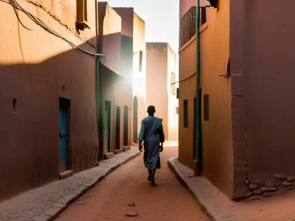 Un callejón estrecho en Niamey, Níger, con edificios desgastados a cada lado