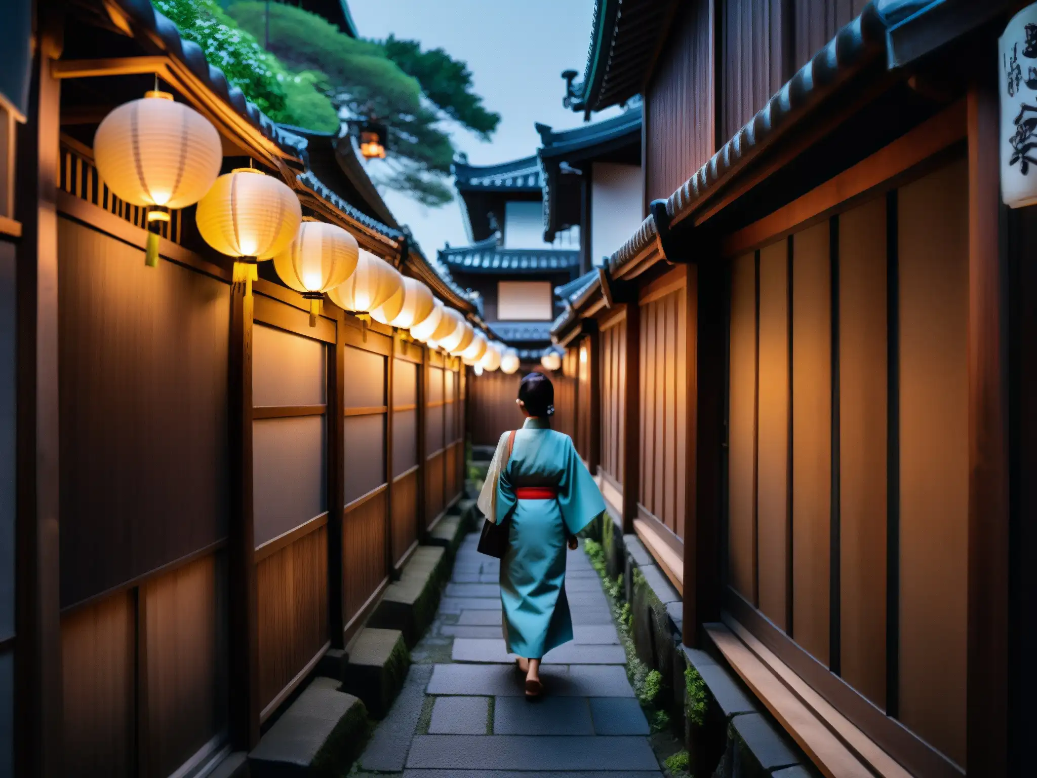 Un callejón estrecho en Japón con faroles de papel y una figura misteriosa en kimono y mascarilla