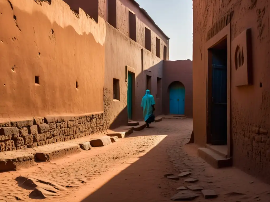 Un callejón estrecho en Niamey, Níger, con murales vibrantes y sombras dramáticas