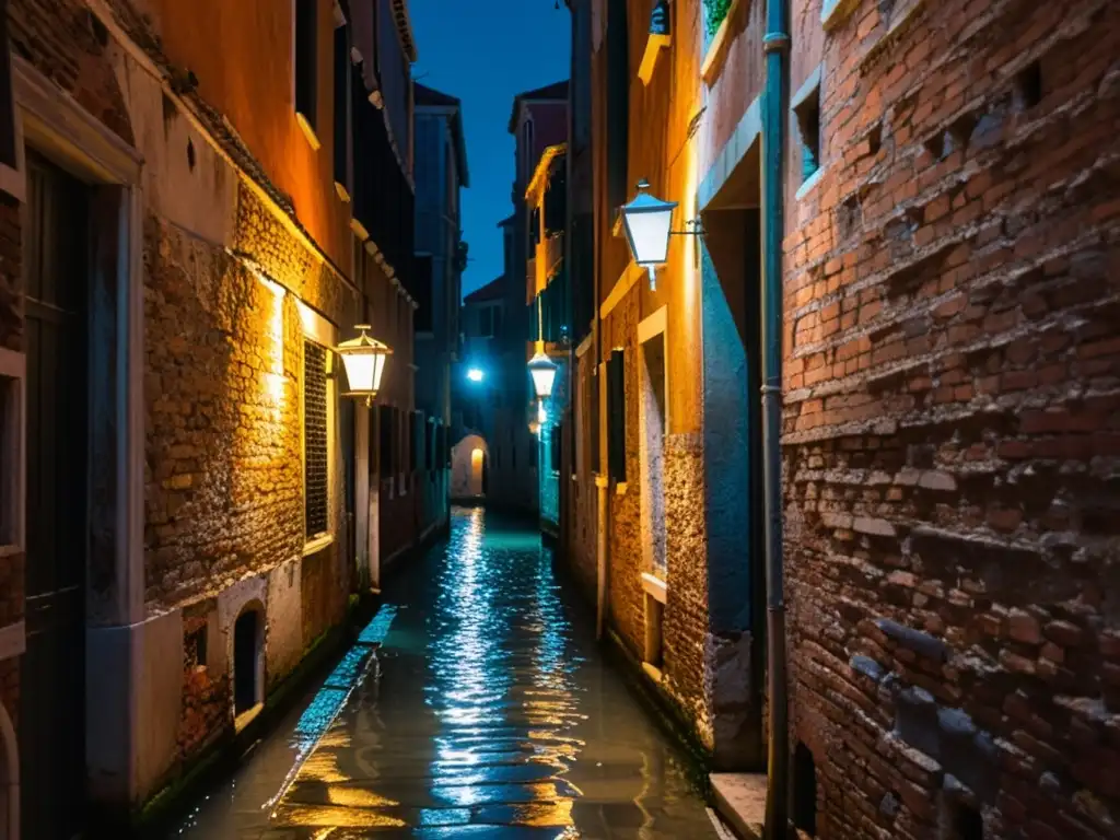 Un callejón estrecho en Venecia de noche, iluminado por la cálido resplandor de faroles y la suave luz de las antiguas ventanas