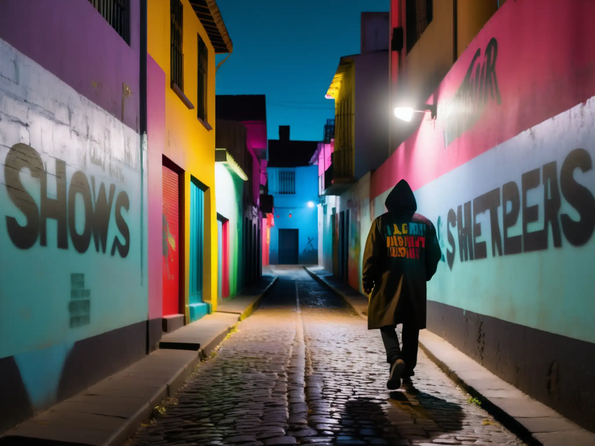 Un callejón tenuemente iluminado en una ciudad latinoamericana, con grafitis coloridos en las paredes y sombras misteriosas